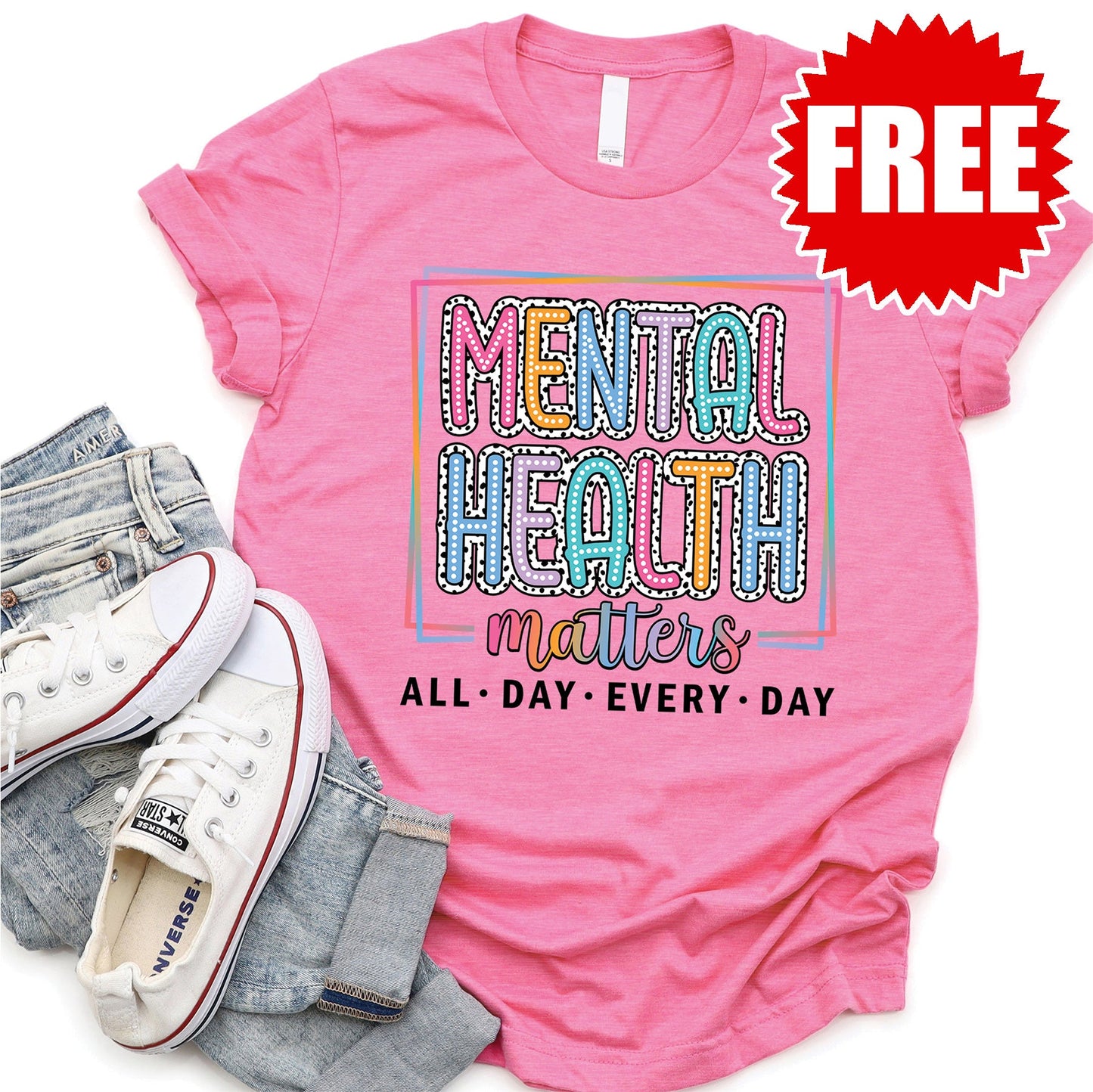 Mental Health Matters Colorful Tee - Heather Charity Pink - 0