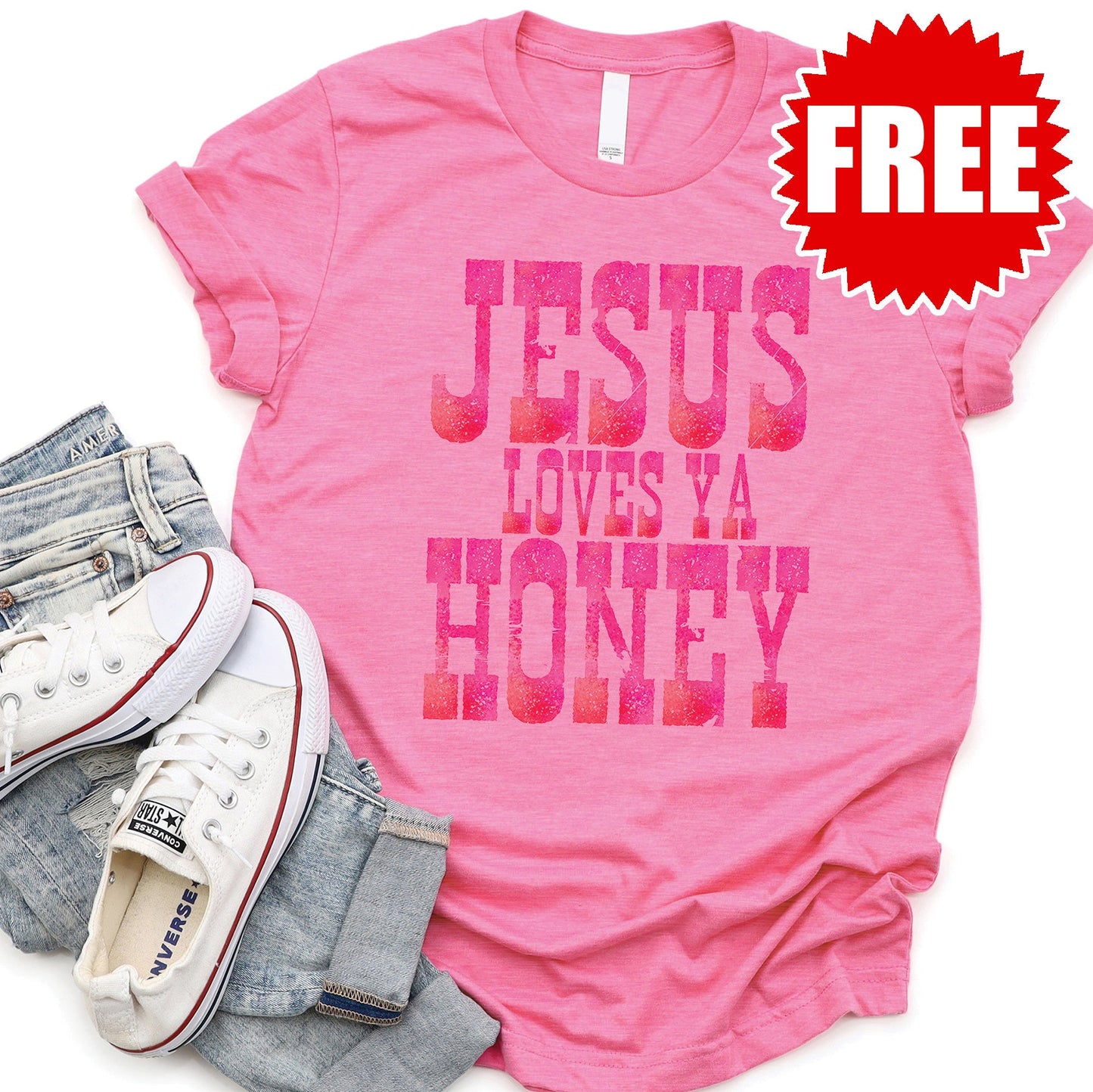 Jesus Loves Ya Honey Tee - Heather Charity Pink - 0