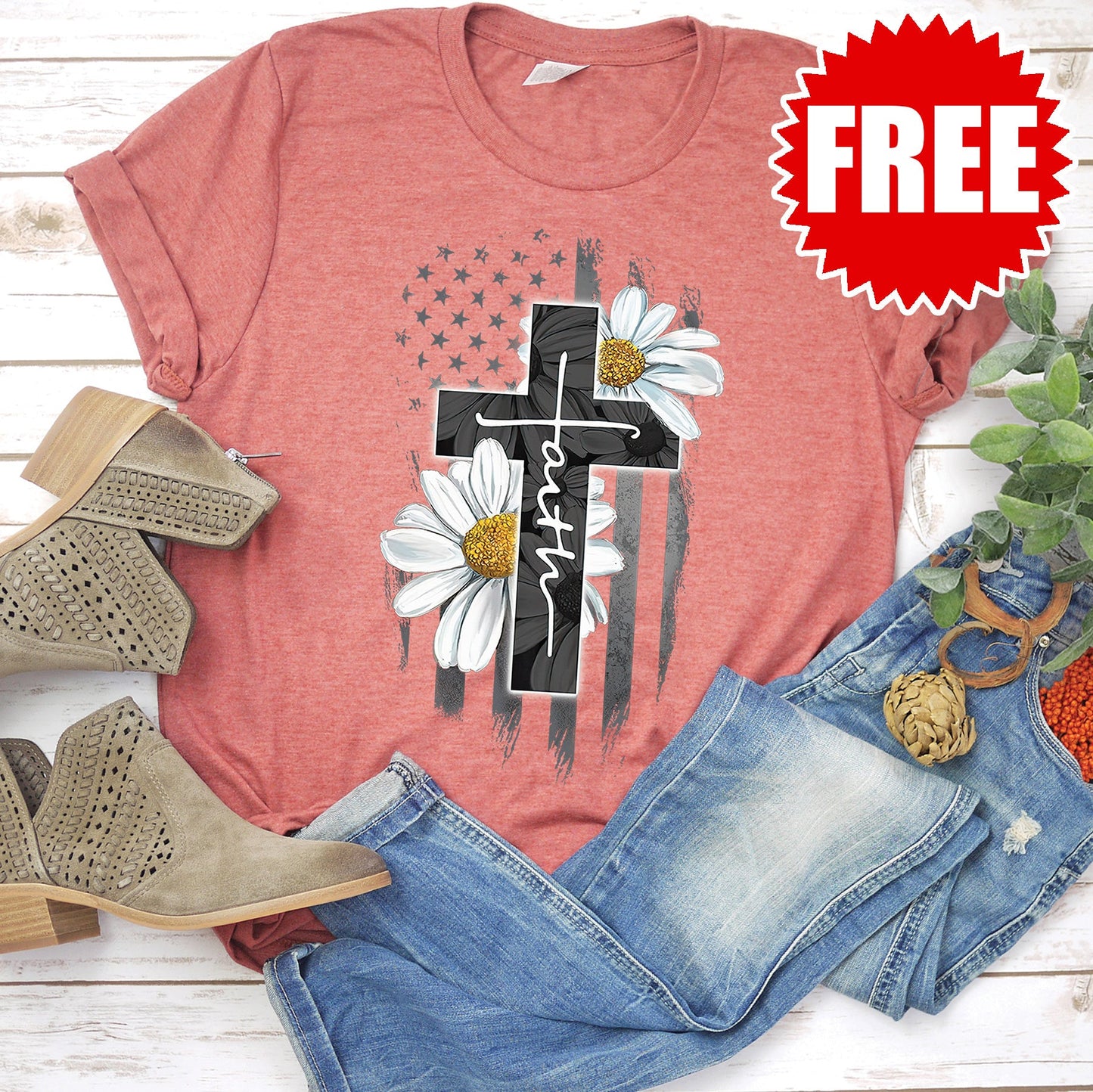 Faith Flag Daisy Tee - Heather Clay Style001