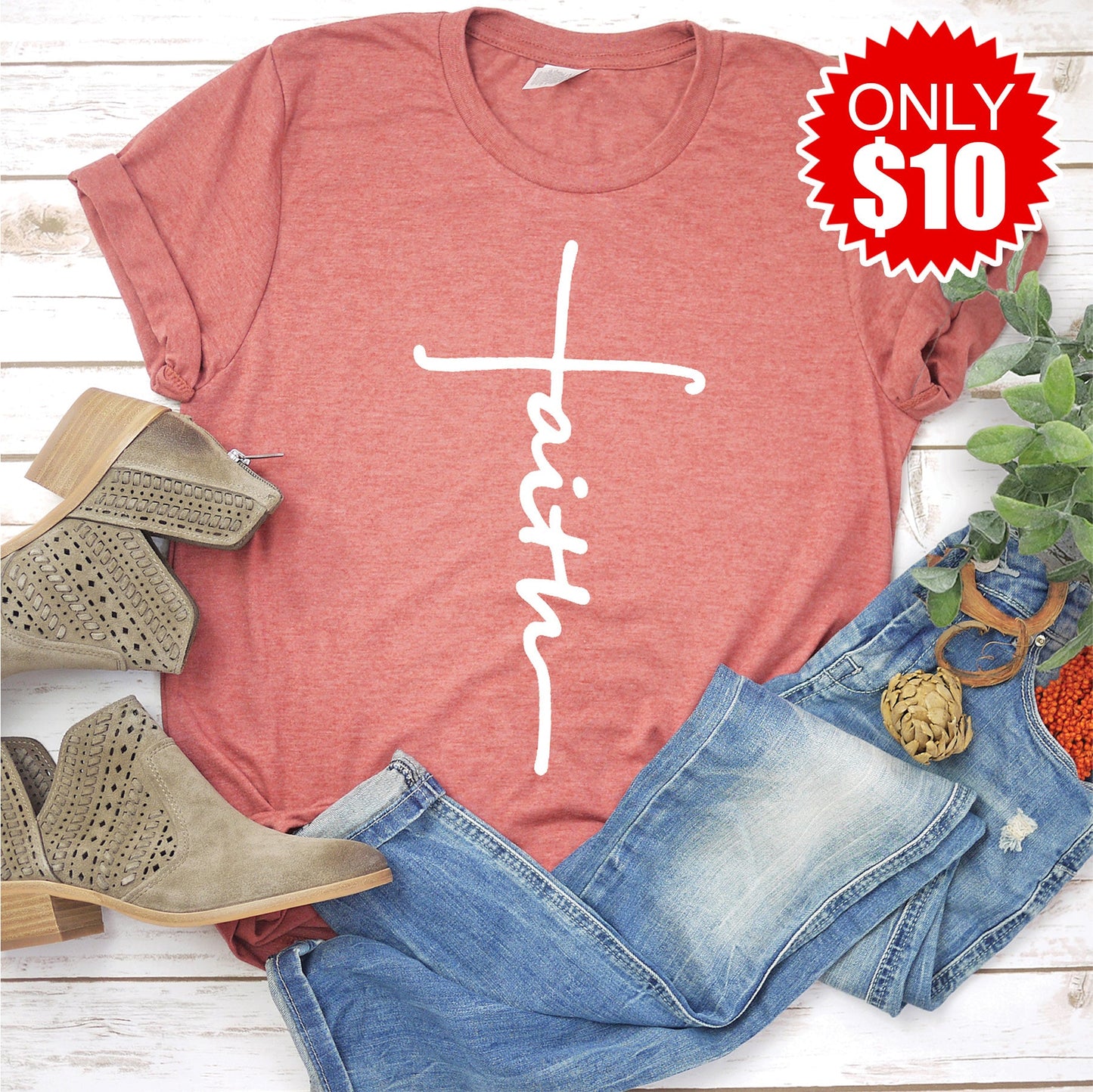 Faith Cross Tee - Heather Clay