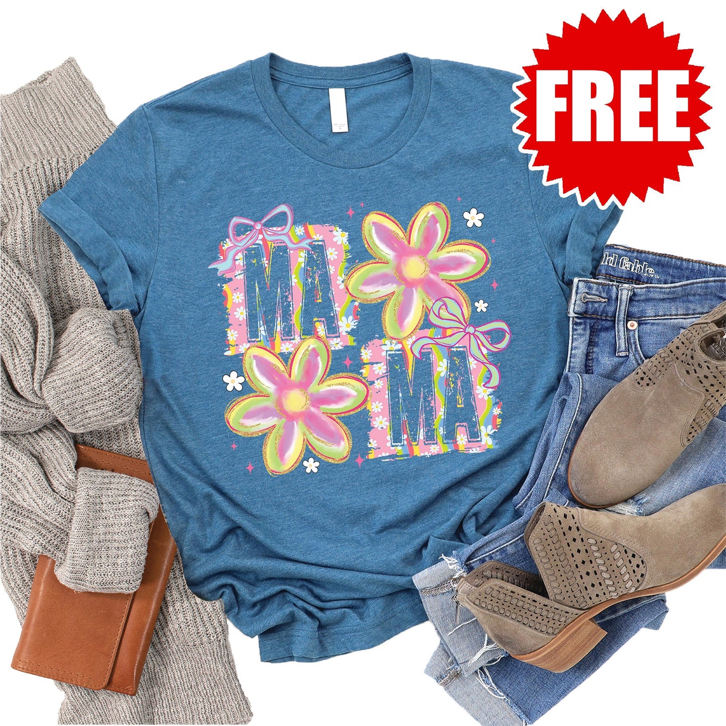 Mama Patch Floral Tee - Heather Deep Teal - FREE