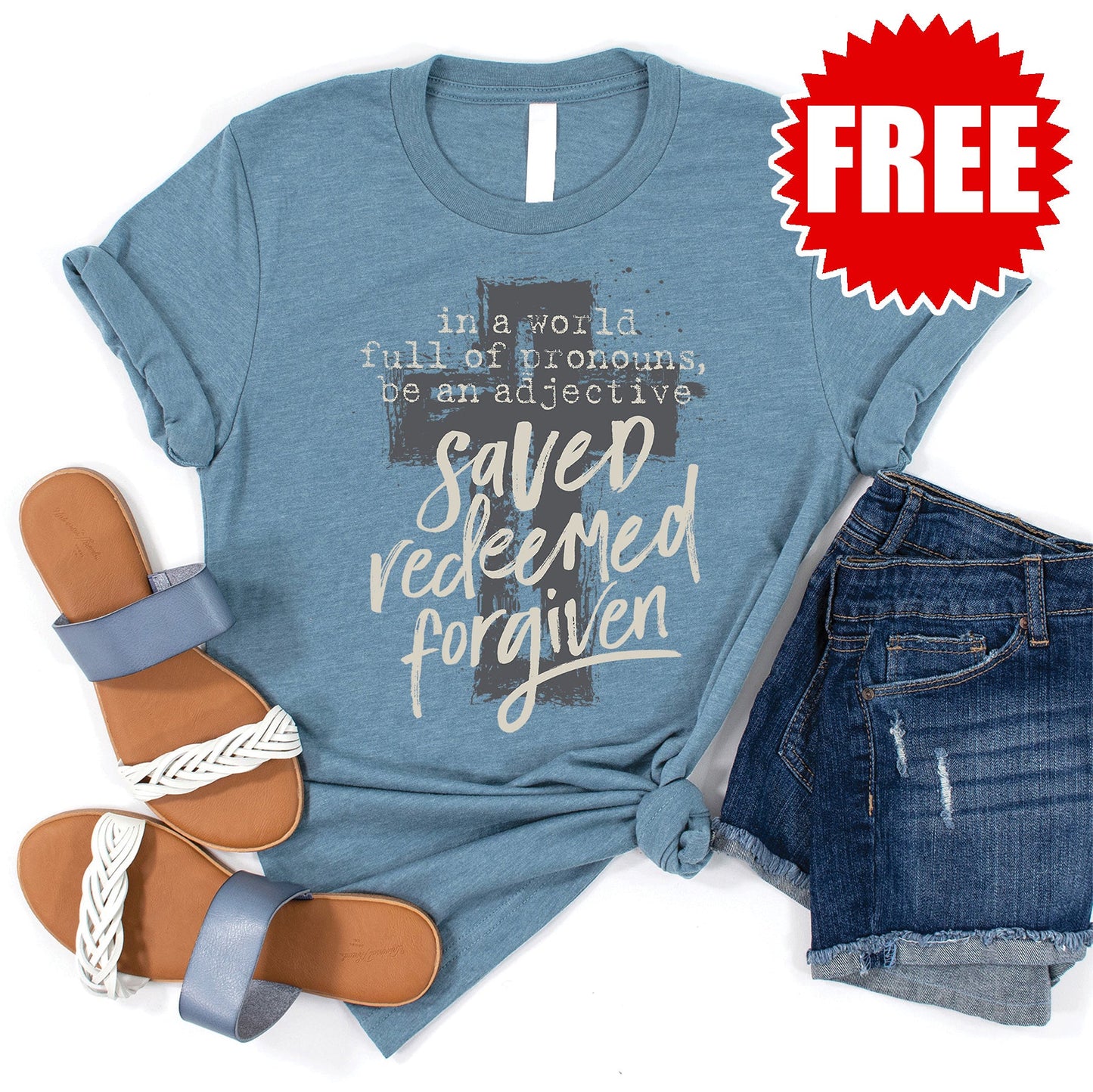 Saved Redeemed Forgiven Tee - Heather Denim