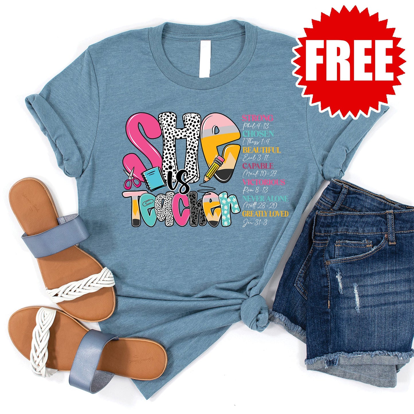 She is Teacher Tee - Heather Denim - 0