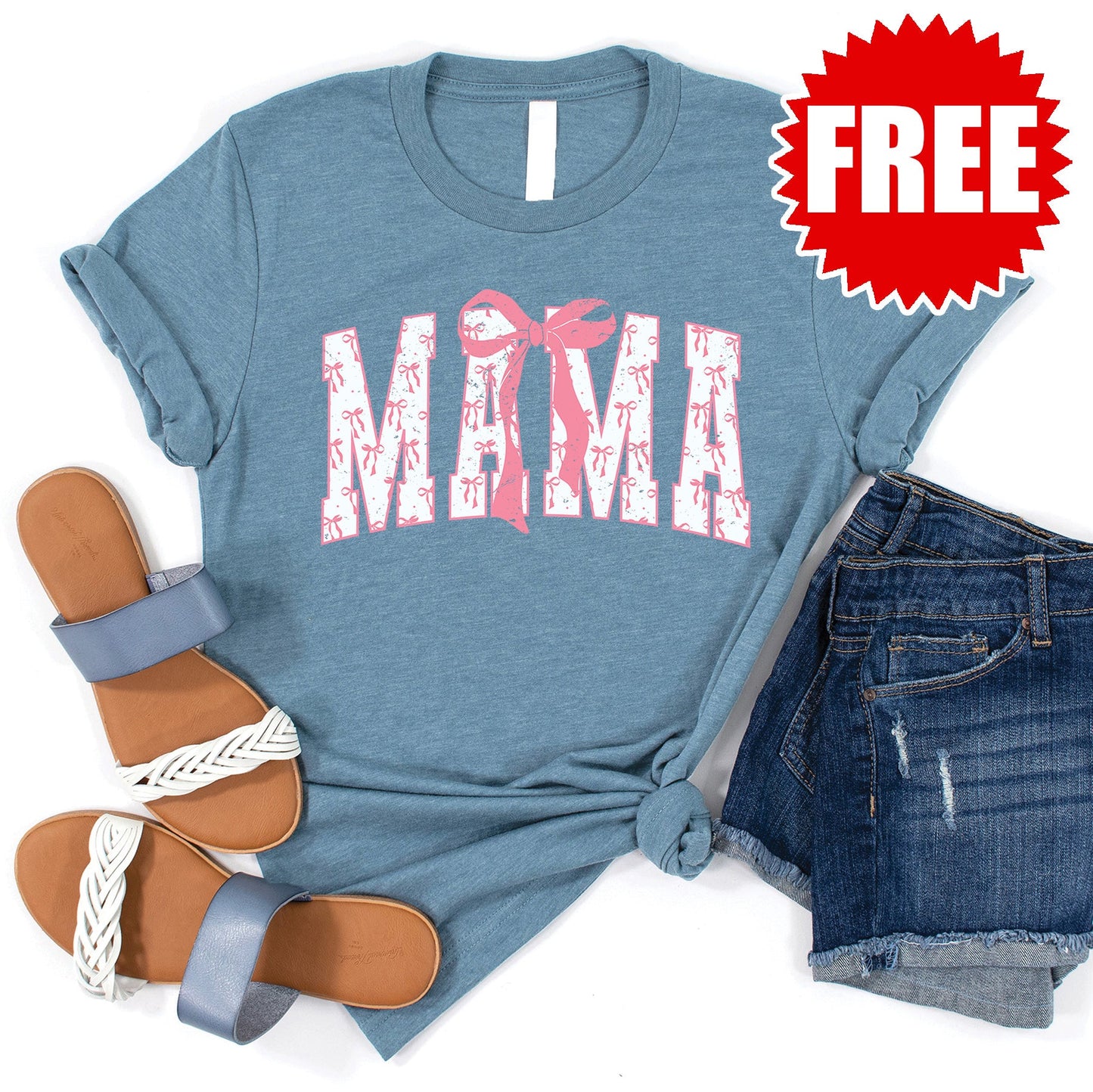 Mama Varsity Bow Tee - Heather Denim - FREE