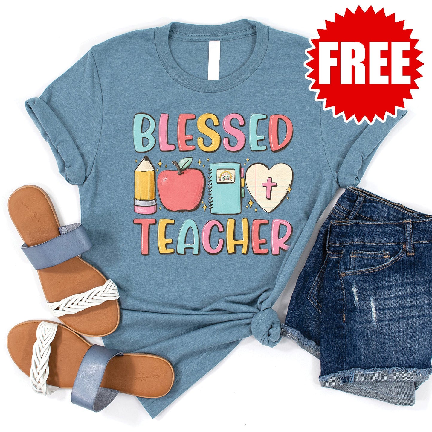Blessed Teacher Tee - Heather Denim - 0
