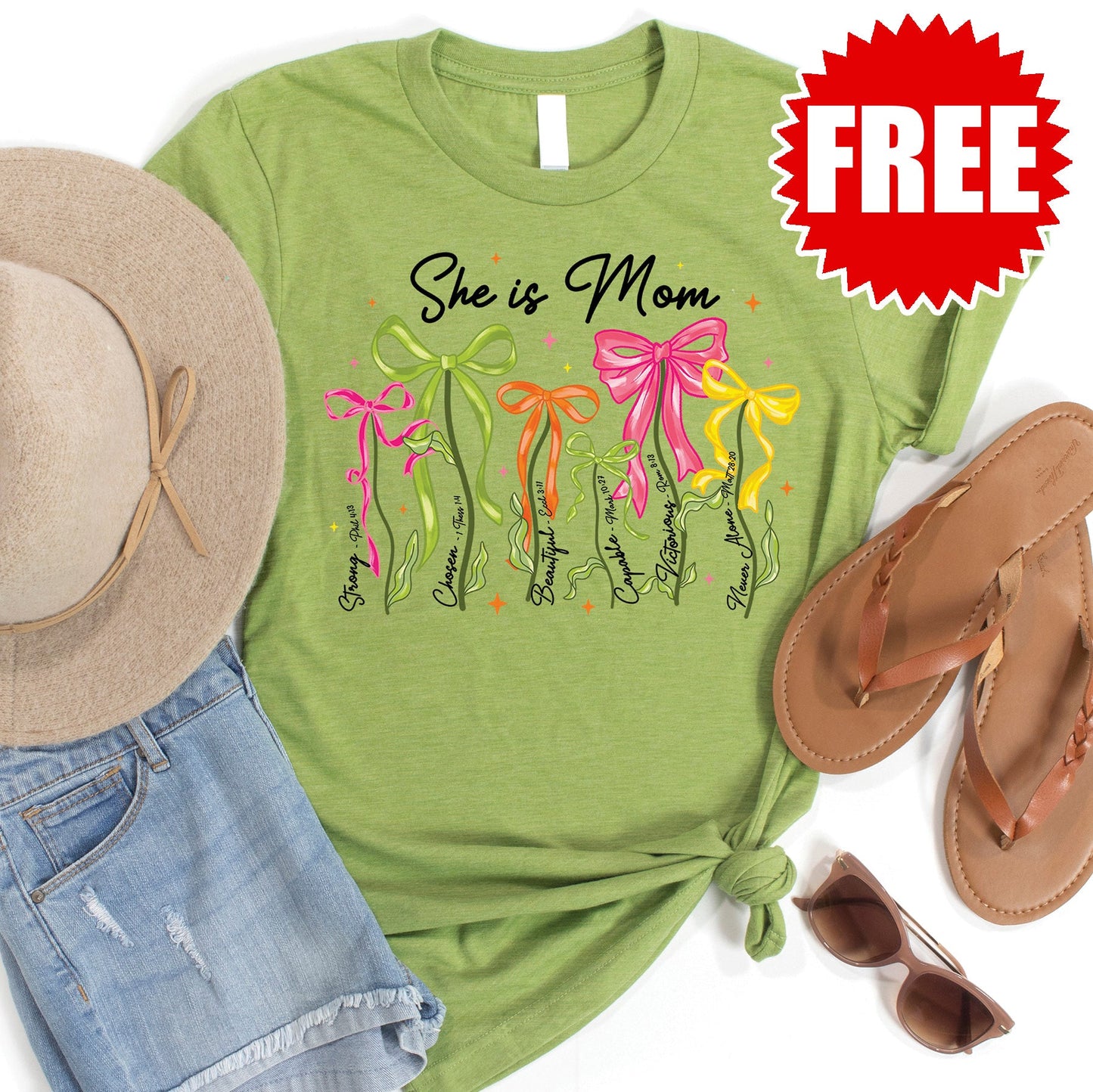 She is Mom Flowers Tee - Heather Green - FREE