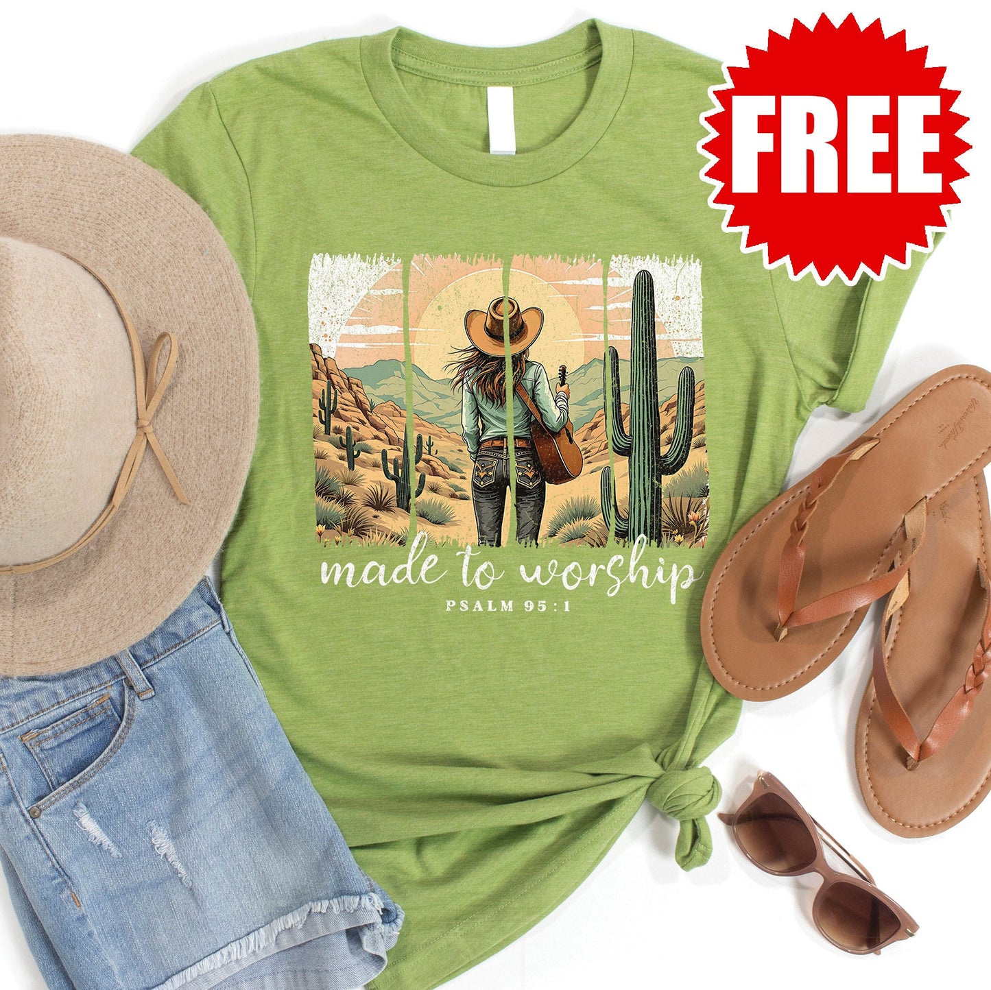 Made To Worship Western Tee - Heather Green - FREE