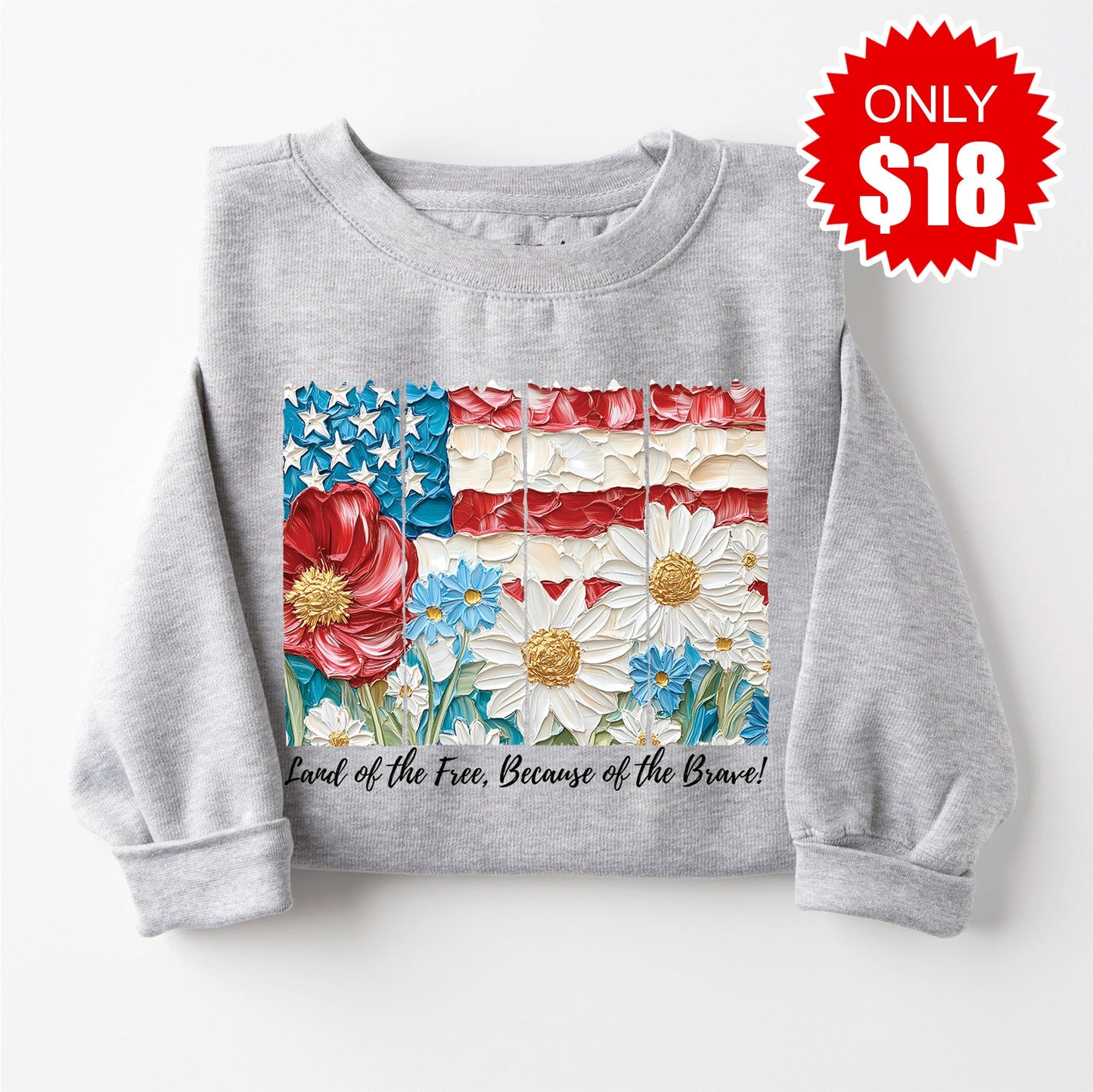 Land Of The Free Floral Sweatshirt - Heather Grey - 18