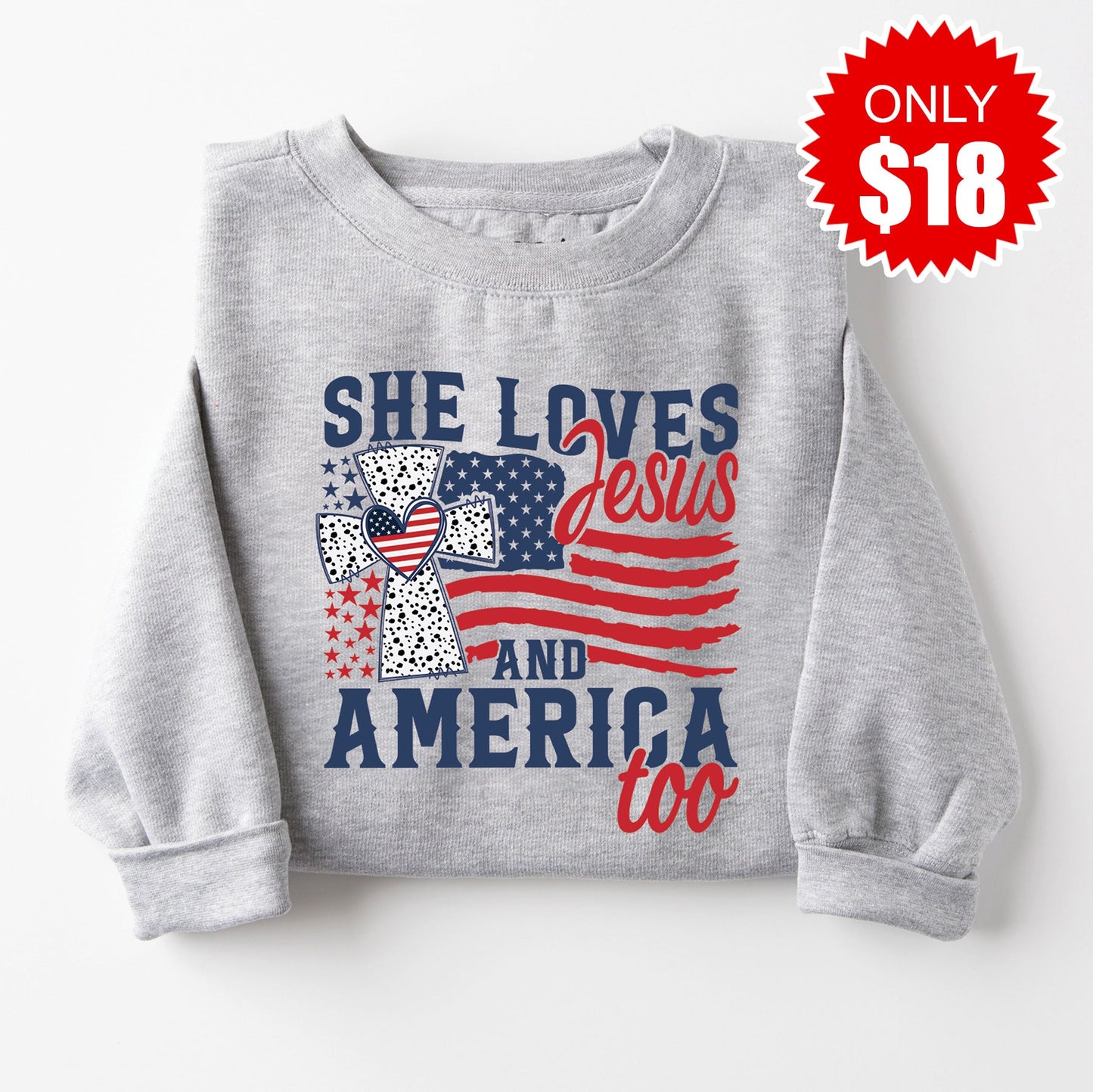 She Loves Jesus And America Sweatshirt - Heather Grey - 18