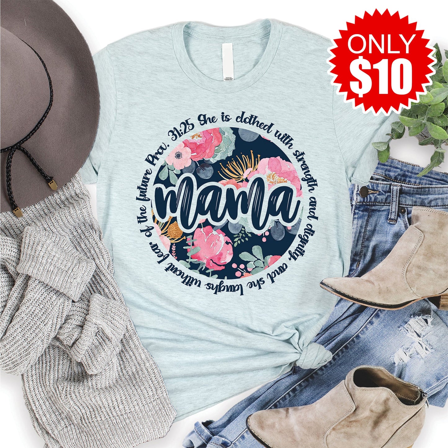 Mama She is Clothed in Strength and Dignity Tee - Heather Ice Blue