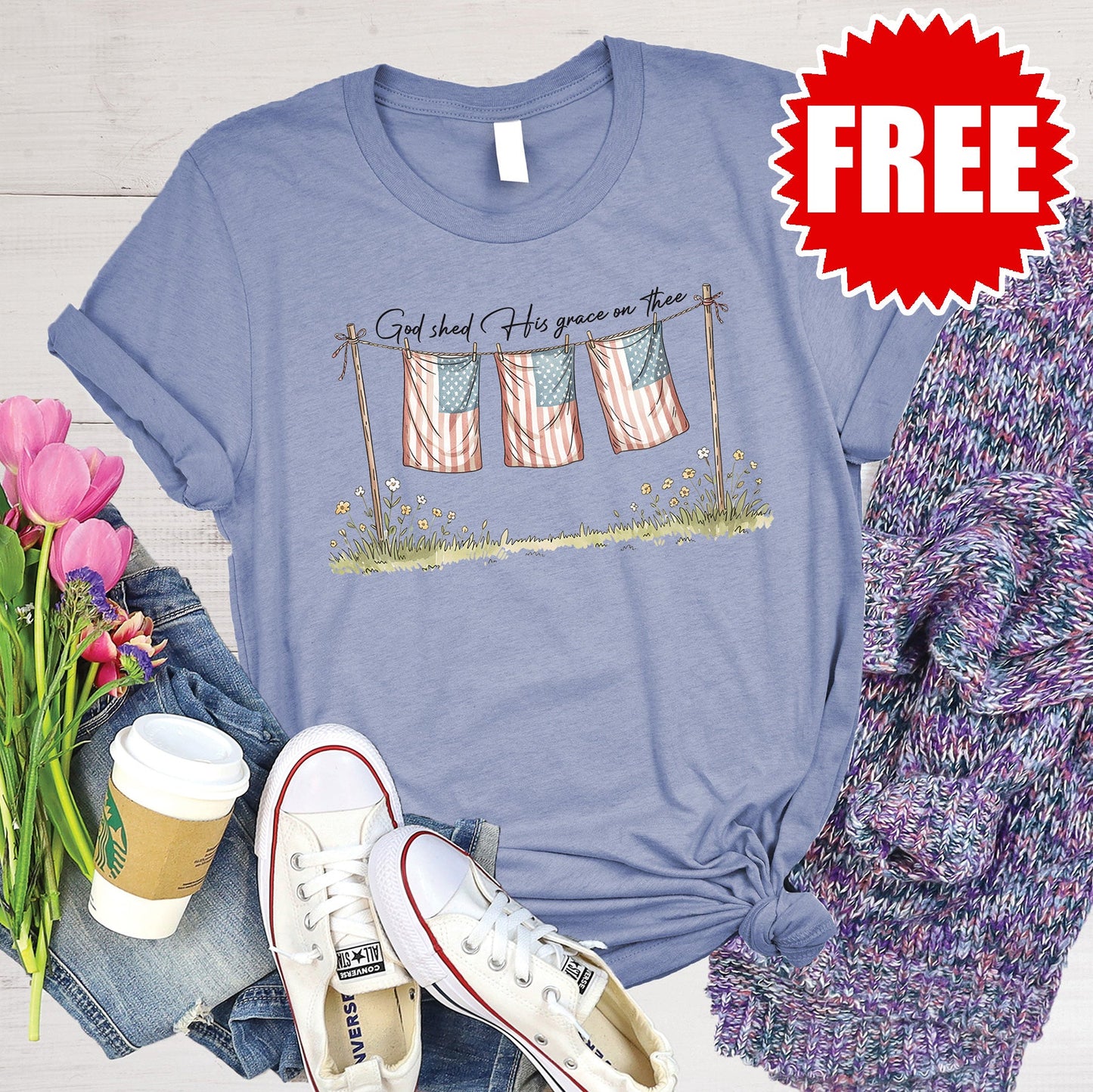 God Shed His Grace Tee - Heather Lavender Blue - 0