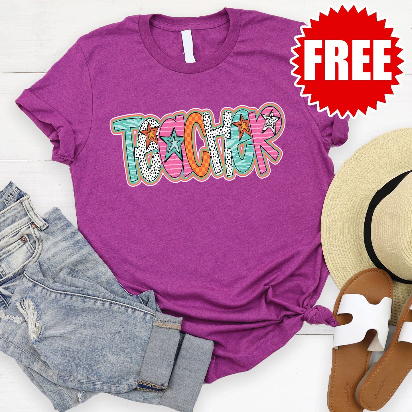 Teacher Stars Tee - Heather Magenta - FREE