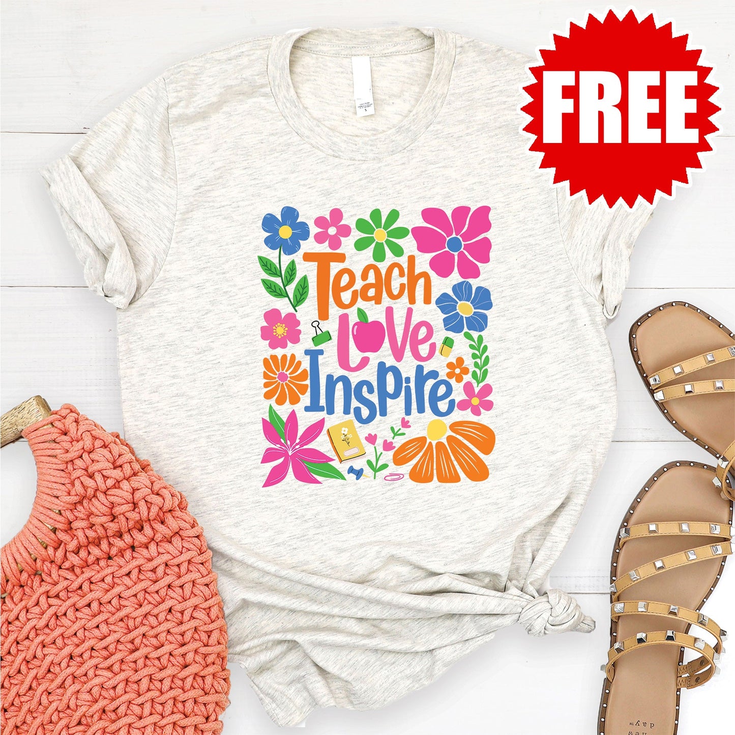 Teach Love Inspire Tee - Heather Oatmeal - FREE