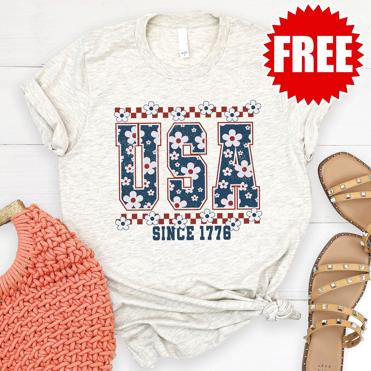 USA Varsity Floral Tee - Heather Oatmeal - 0
