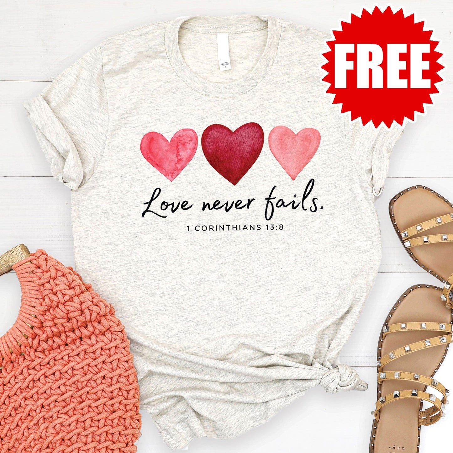 Love Never Fails Tee - Heather Oatmeal - FREE