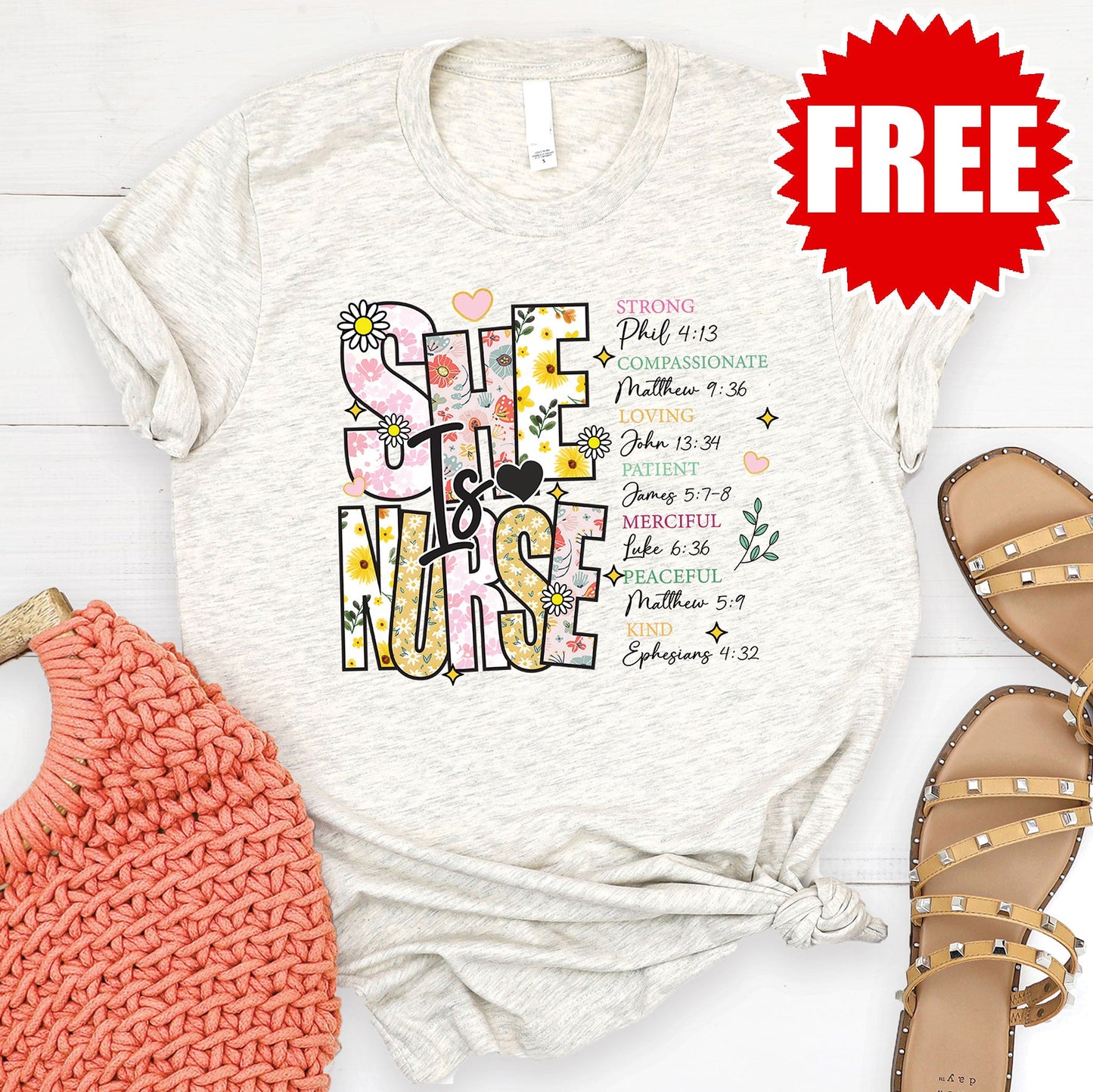 She Is Nurse 2 Tee - Heather Oatmeal - FREE