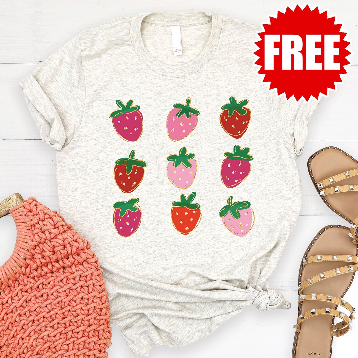 Strawberries Tee - Heather Oatmeal - 0