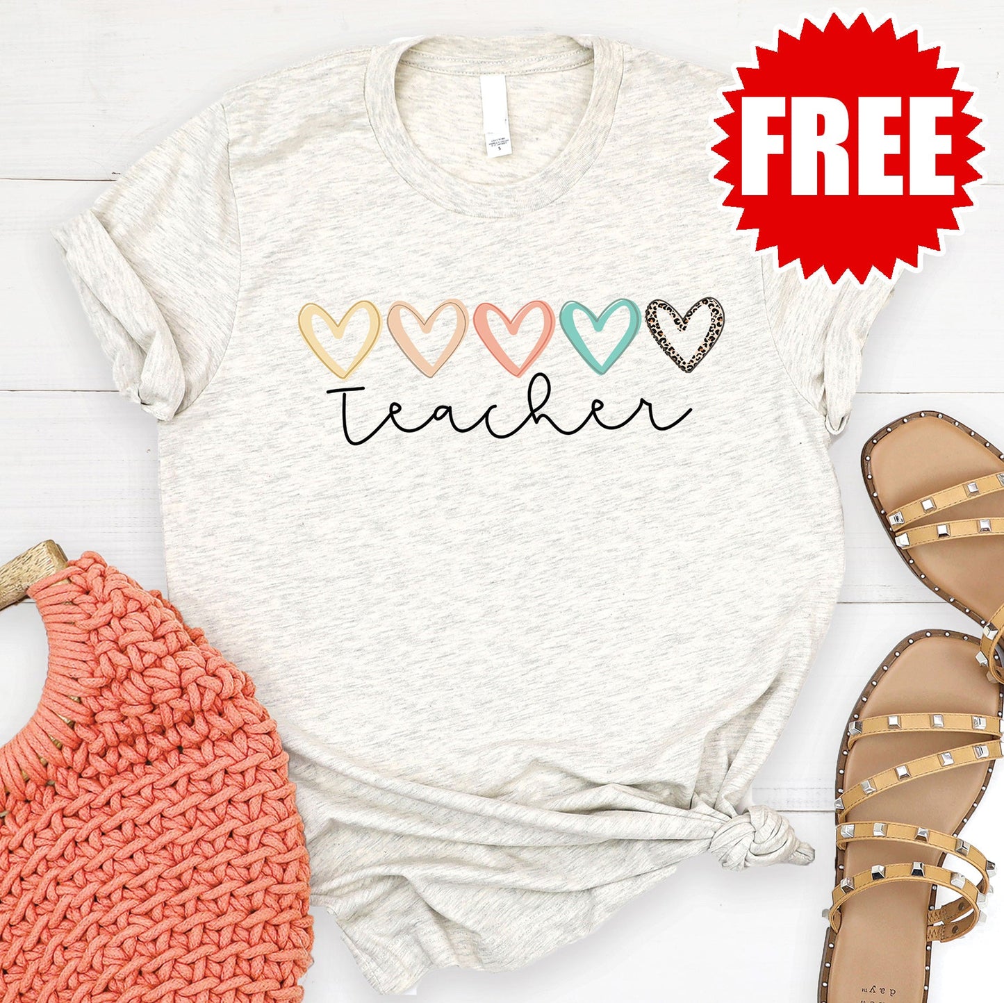 Teacher Hearts Tee - Heather Oatmeal - FREE