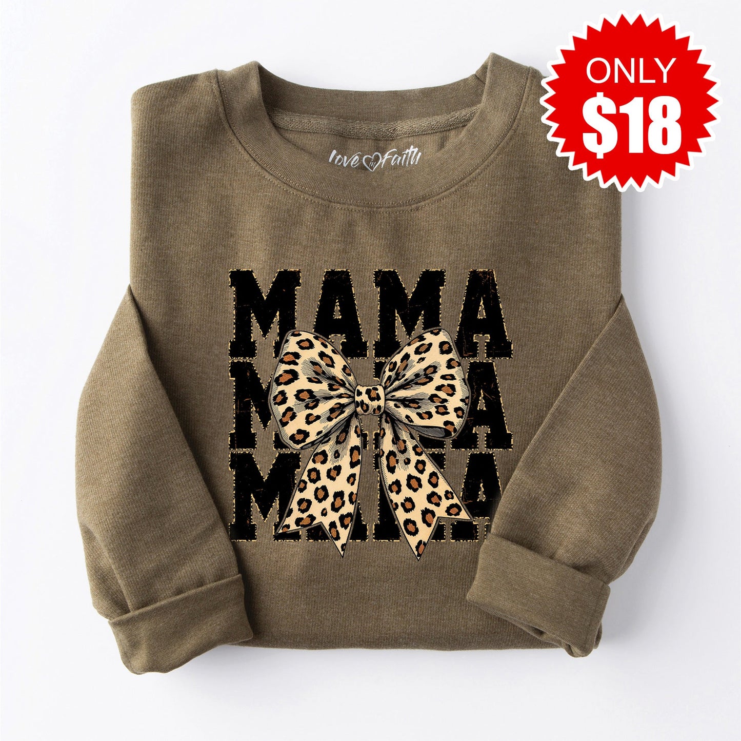 Mama Leopard Bow Crewneck Sweatshirt - Heather Olive