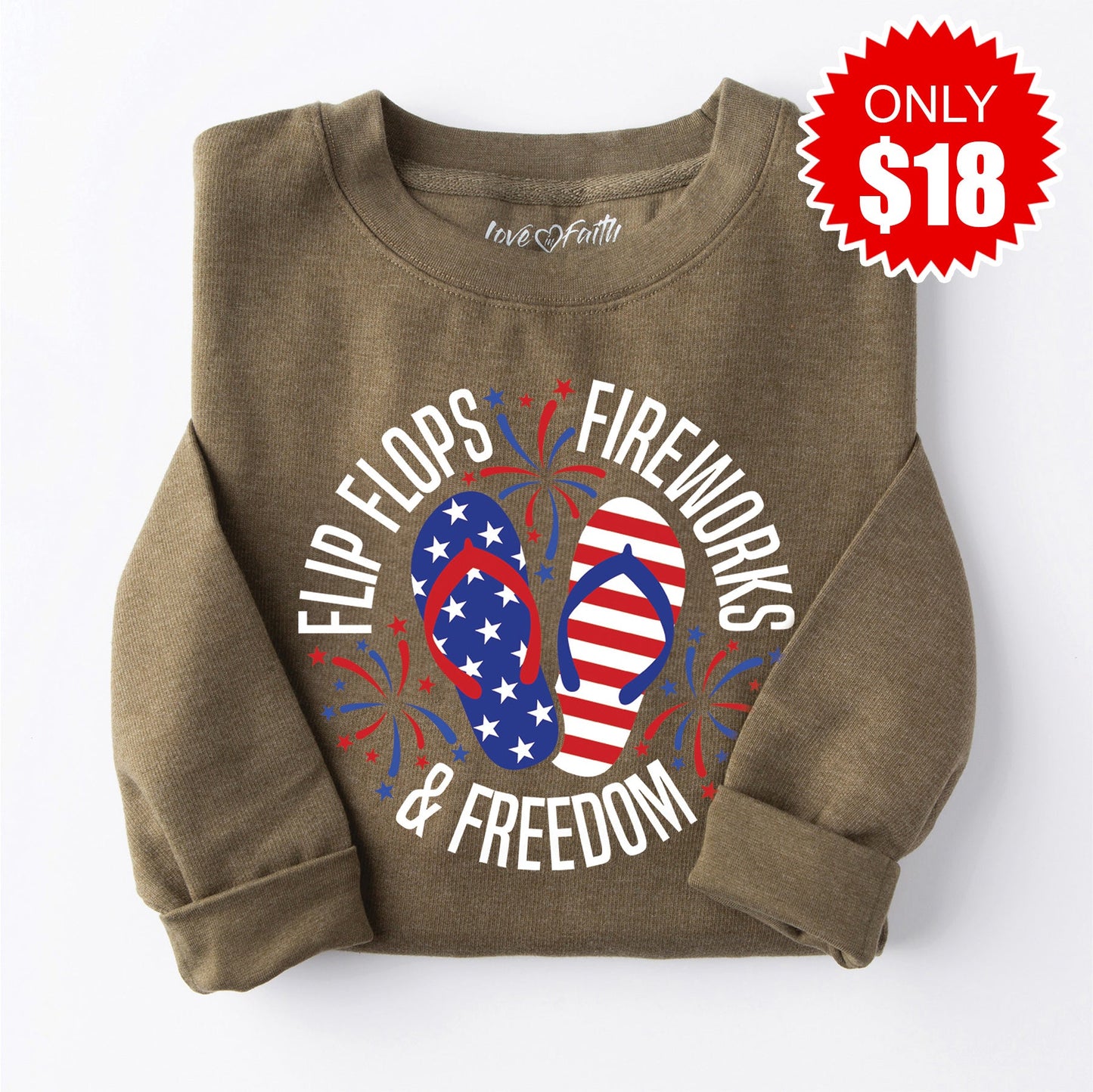 Flip Flops Fireworks Freedom Sweatshirt - Heather Olive - 18