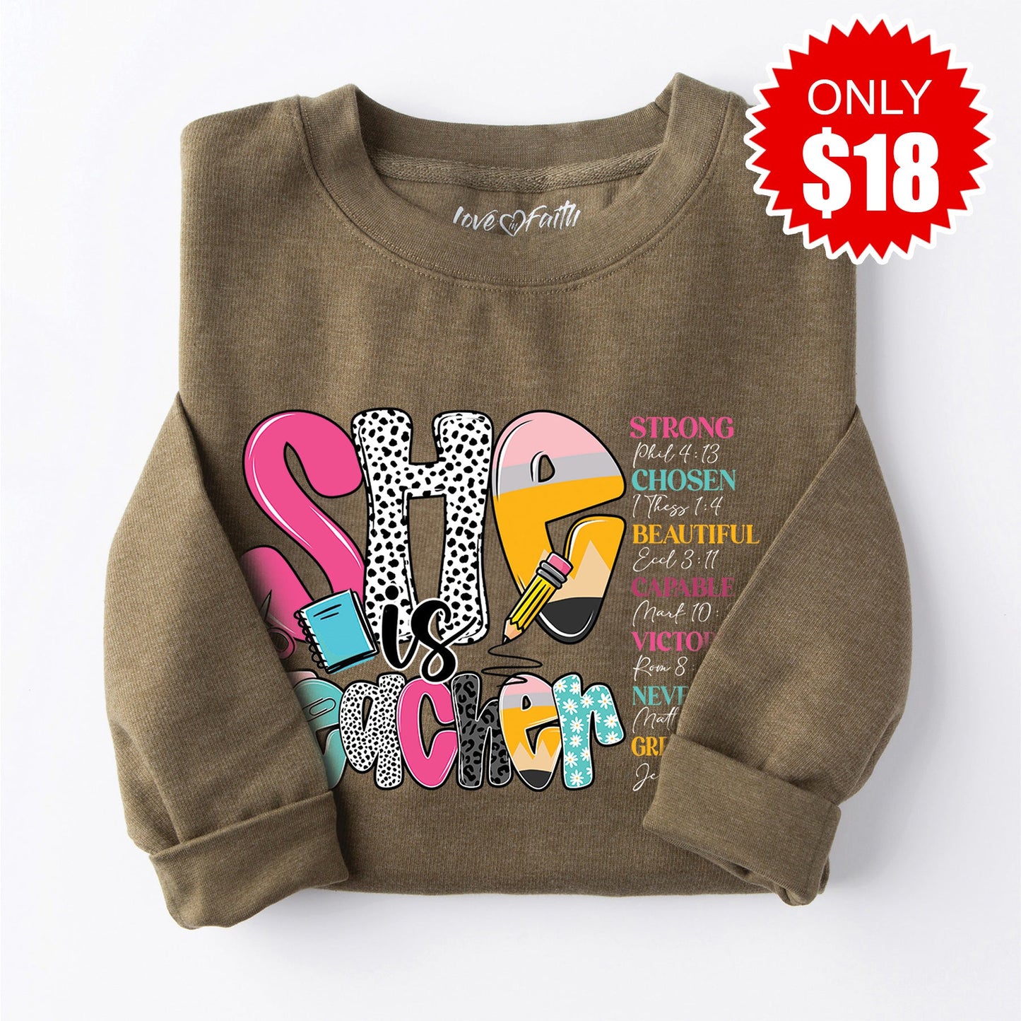 She is Teacher Sweatshirt - Heather Olive - 18