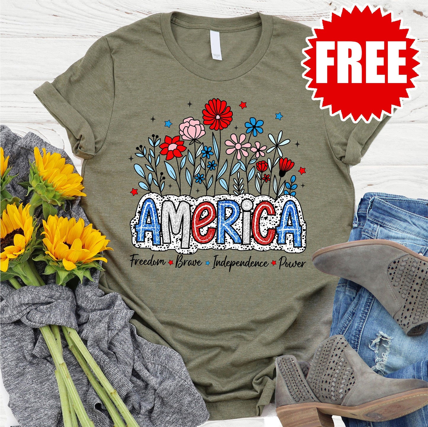 America Glitter Tee - Heather Olive - 0