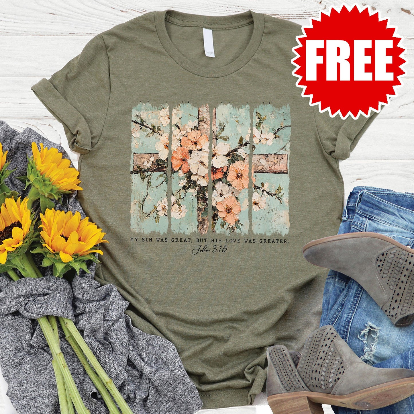 His Love Is Greater Tee - Heather Olive Style001