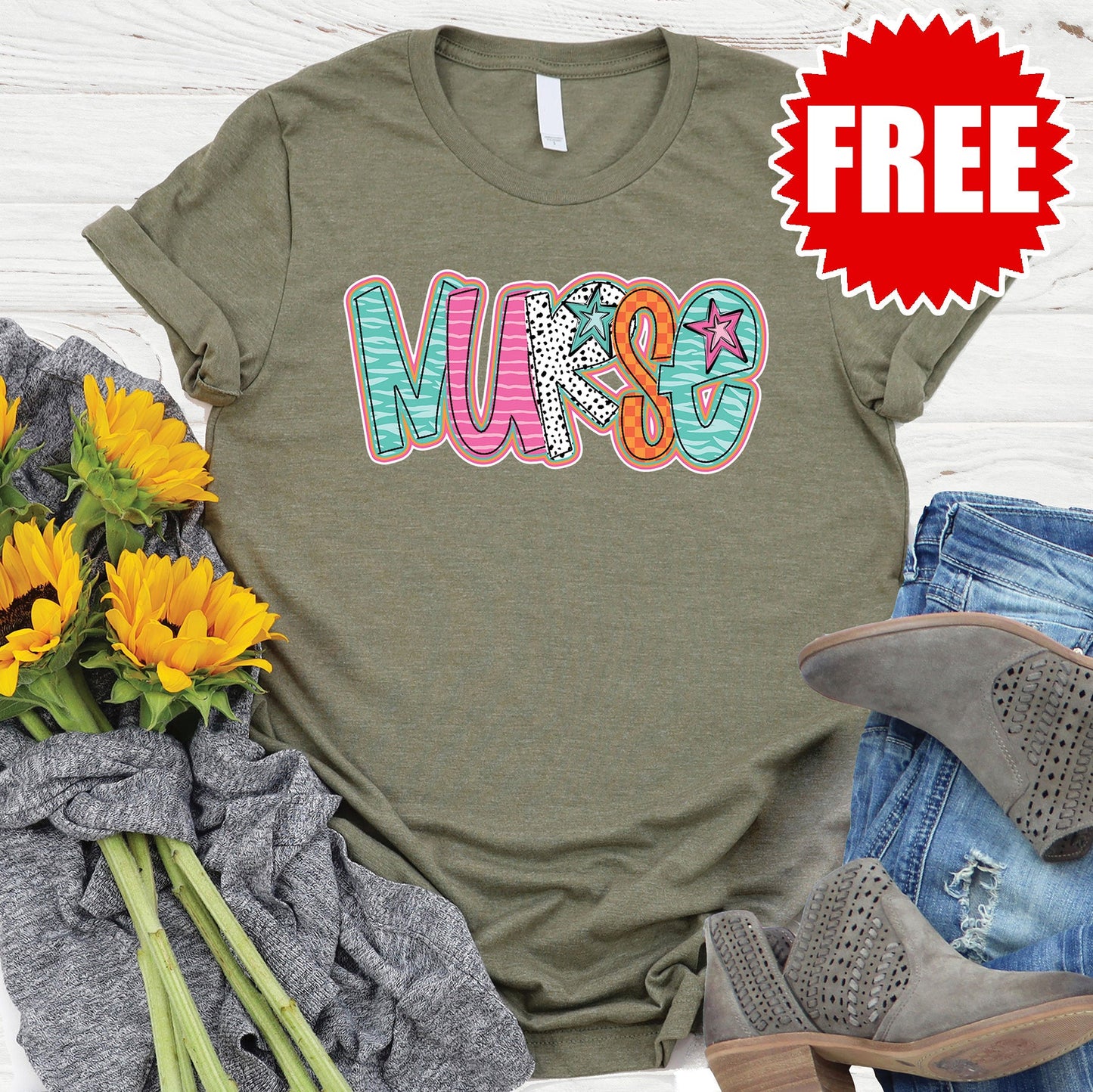 Nurse Stars Tee - Heather Olive - FREE
