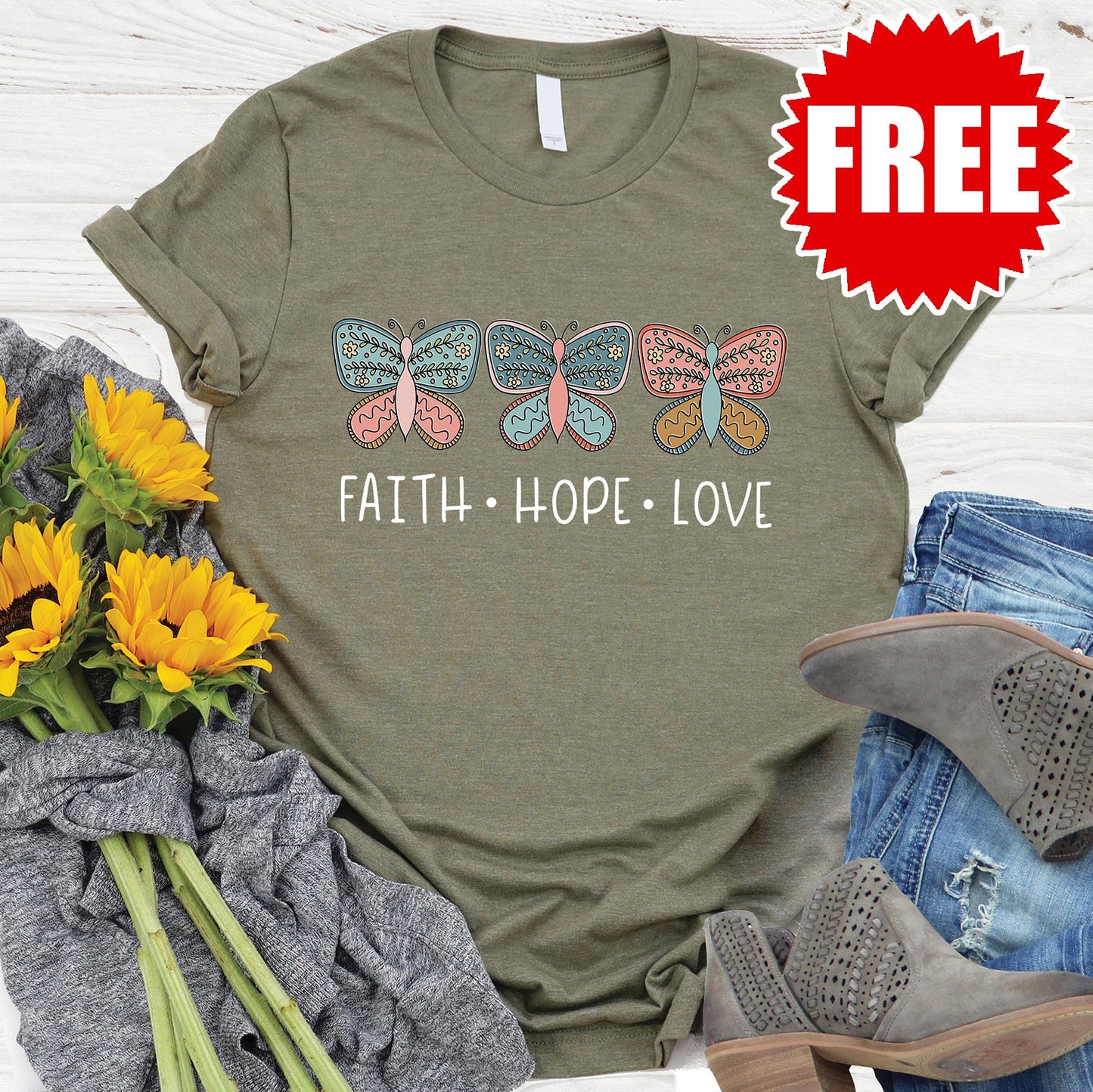 Faith Hope Love Butterflies Tee - Heather Olive - FREE