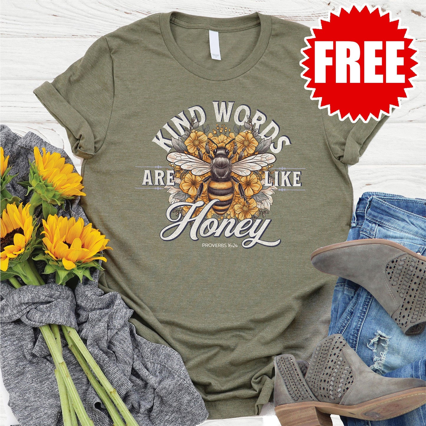Kind Words Are Like Honey Tee - Heather Olive - 0