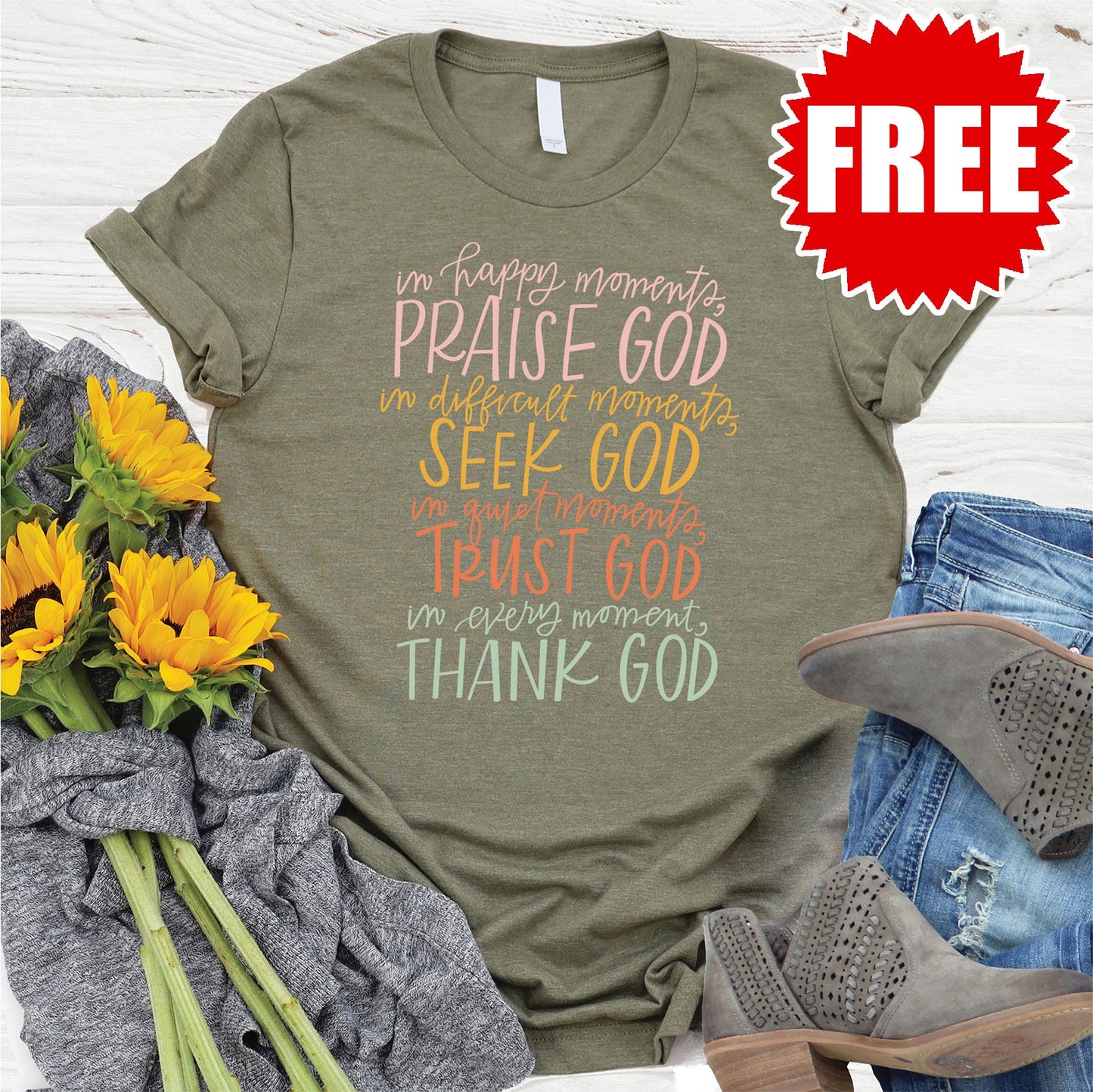 Thank God Tee - Heather Olive - FREE