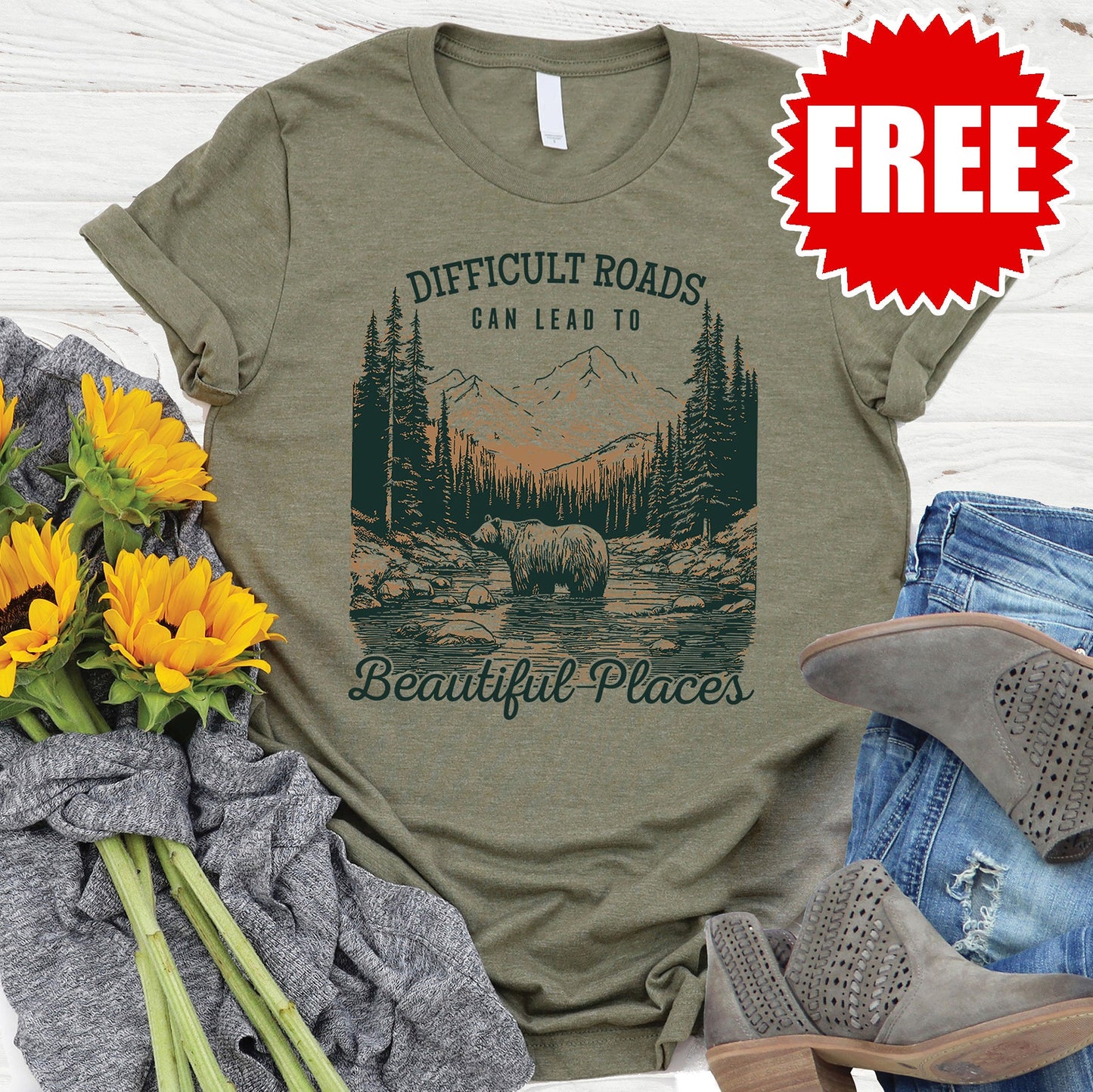Beautiful Places Tee - Heather Olive - FREE