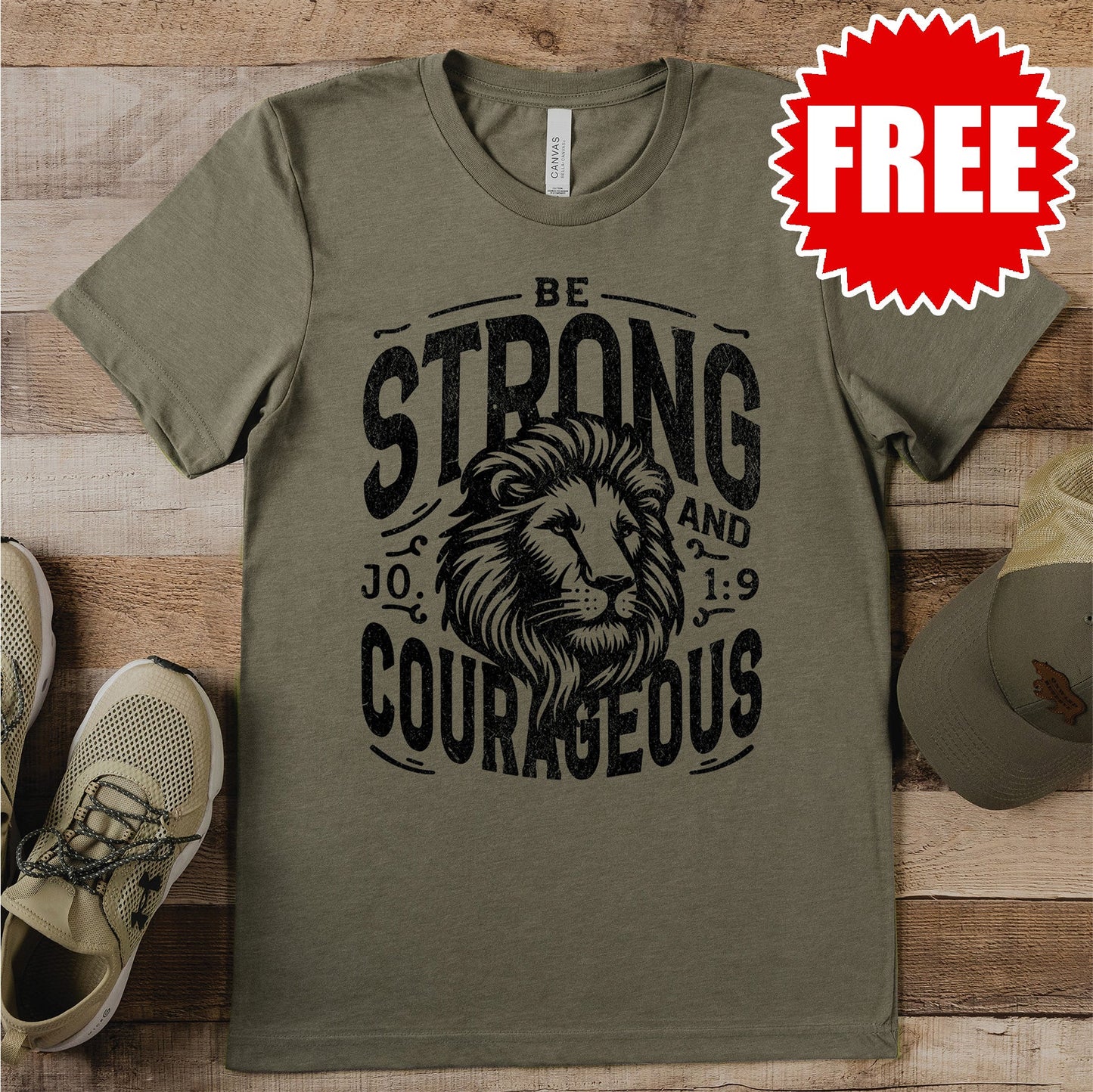 Be Strong & Courageous Mens Tee - Heather Olive - 0