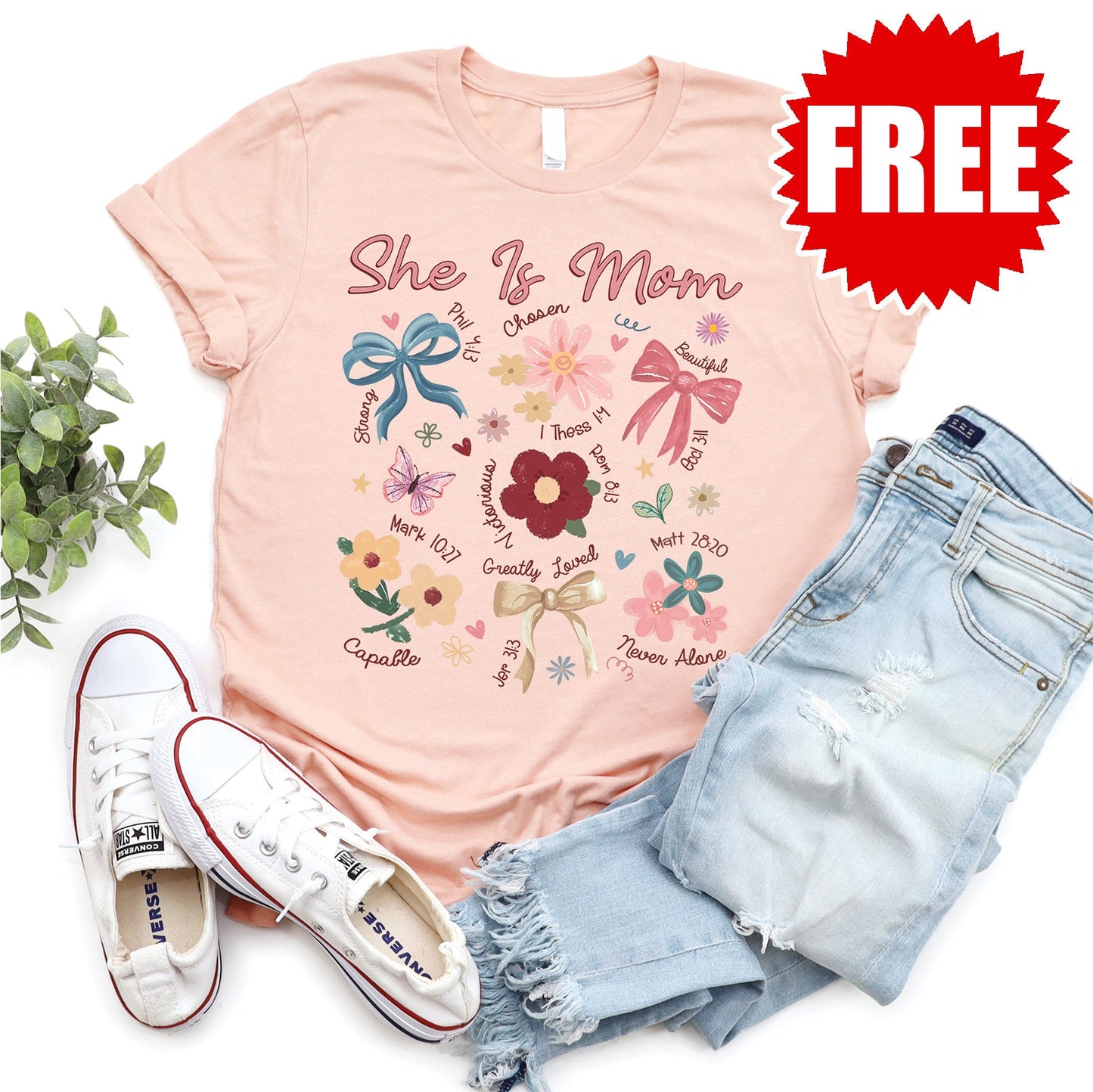 She is Mom Doodles Tee - Heather Peach - FREE