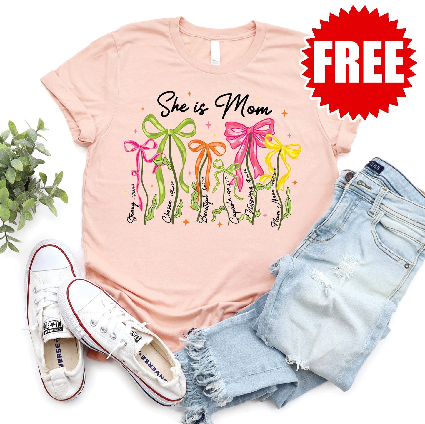 She is Mom Flowers Tee - Heather Peach - FREE