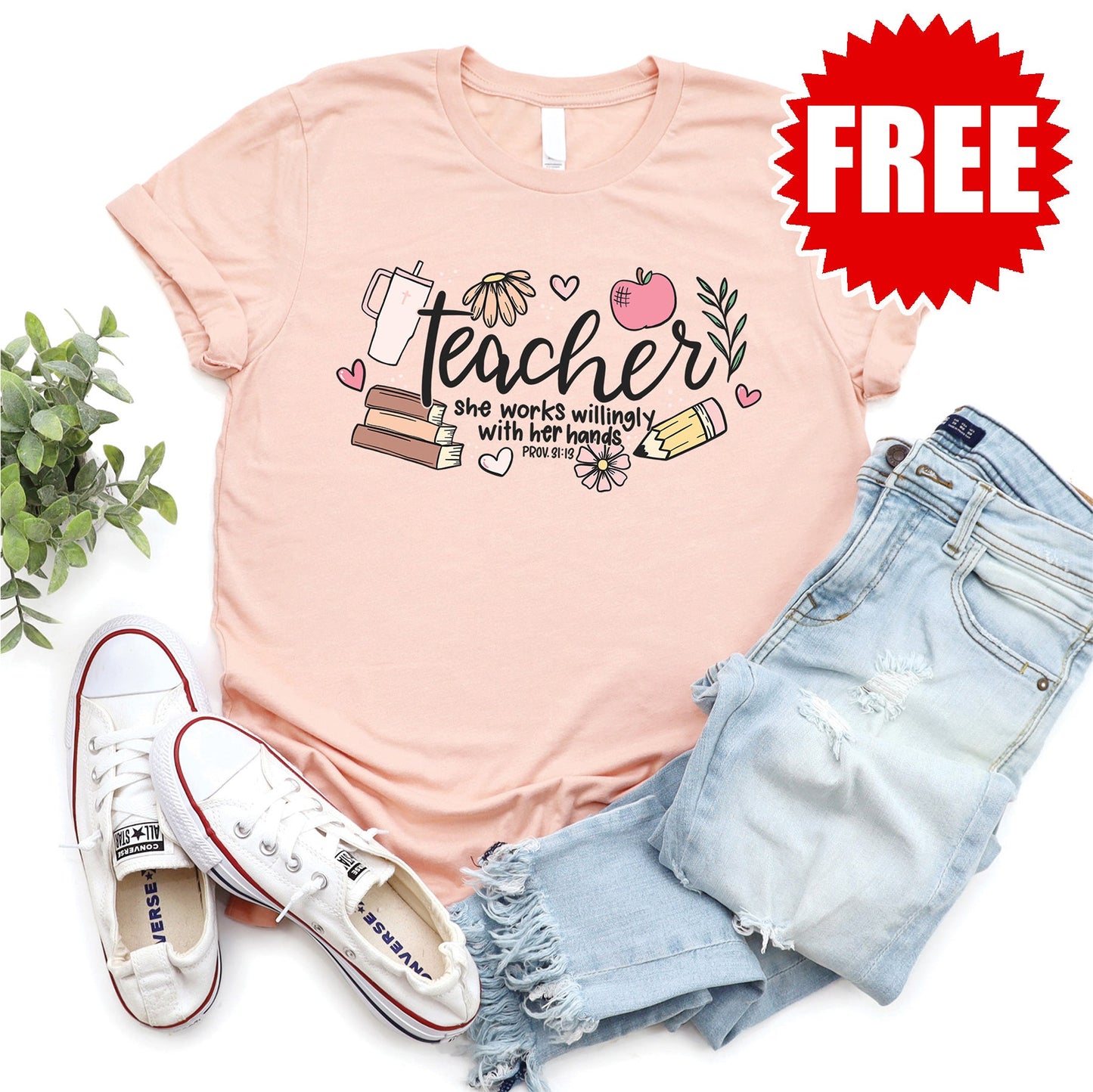 Teacher Proverbs 31:13 Tee - Heather Peach - 0