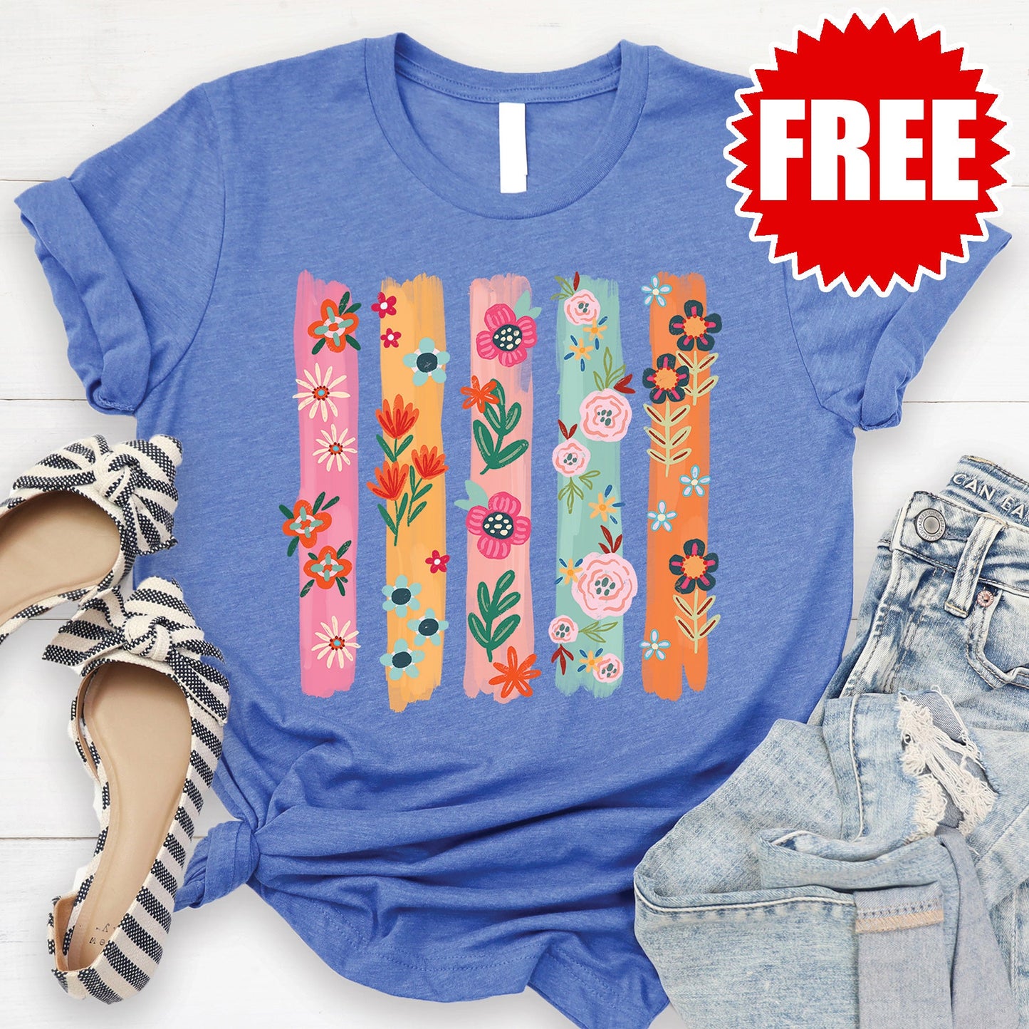 Doodle Flowers Tee - Heather Royal Blue - 0