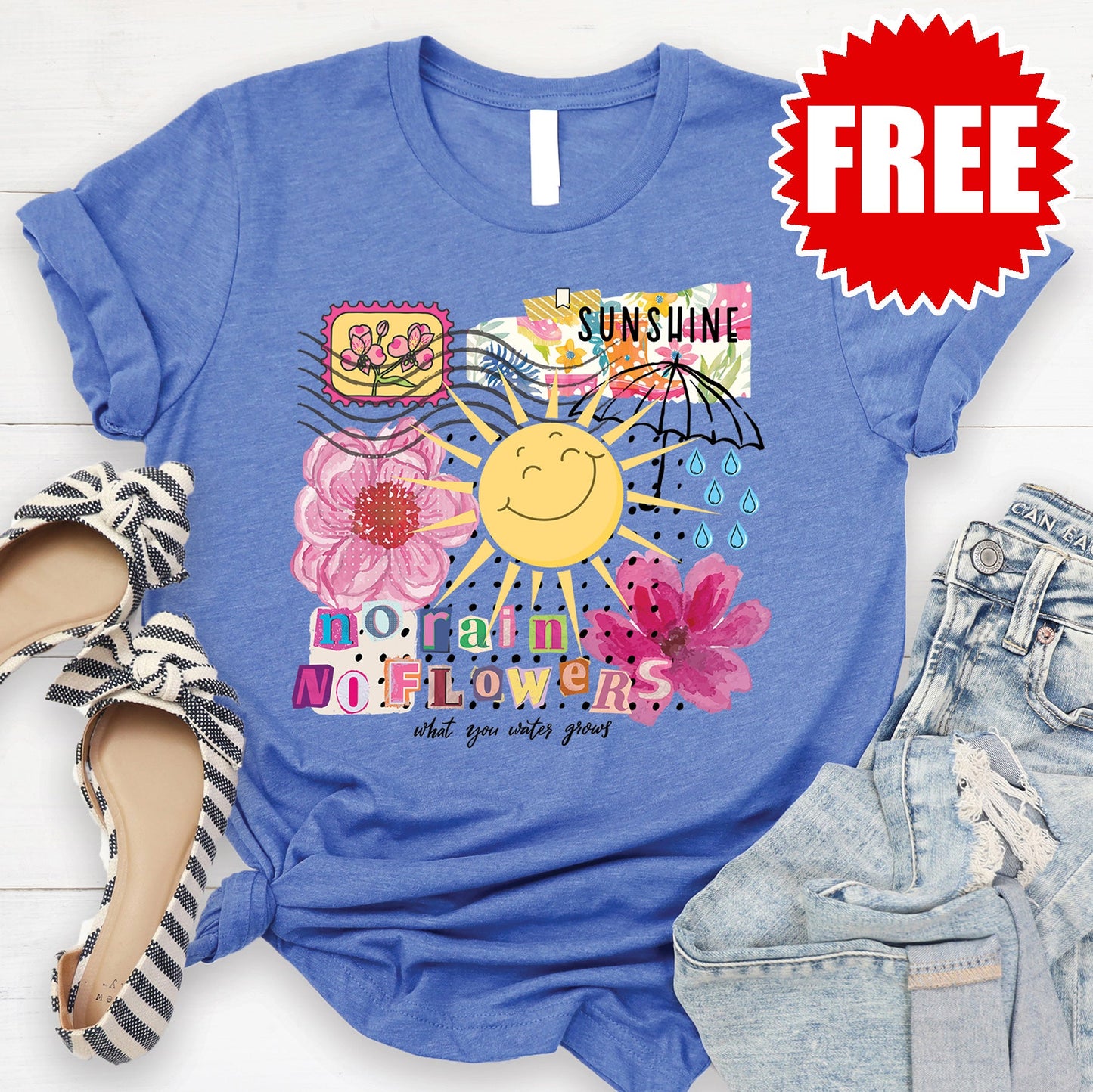 No Rain No Flowers Tee - Heather Royal Blue - 0