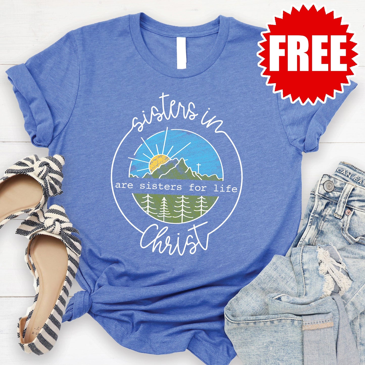 Sisters in Christ Tee - Heather Royal Blue Style001