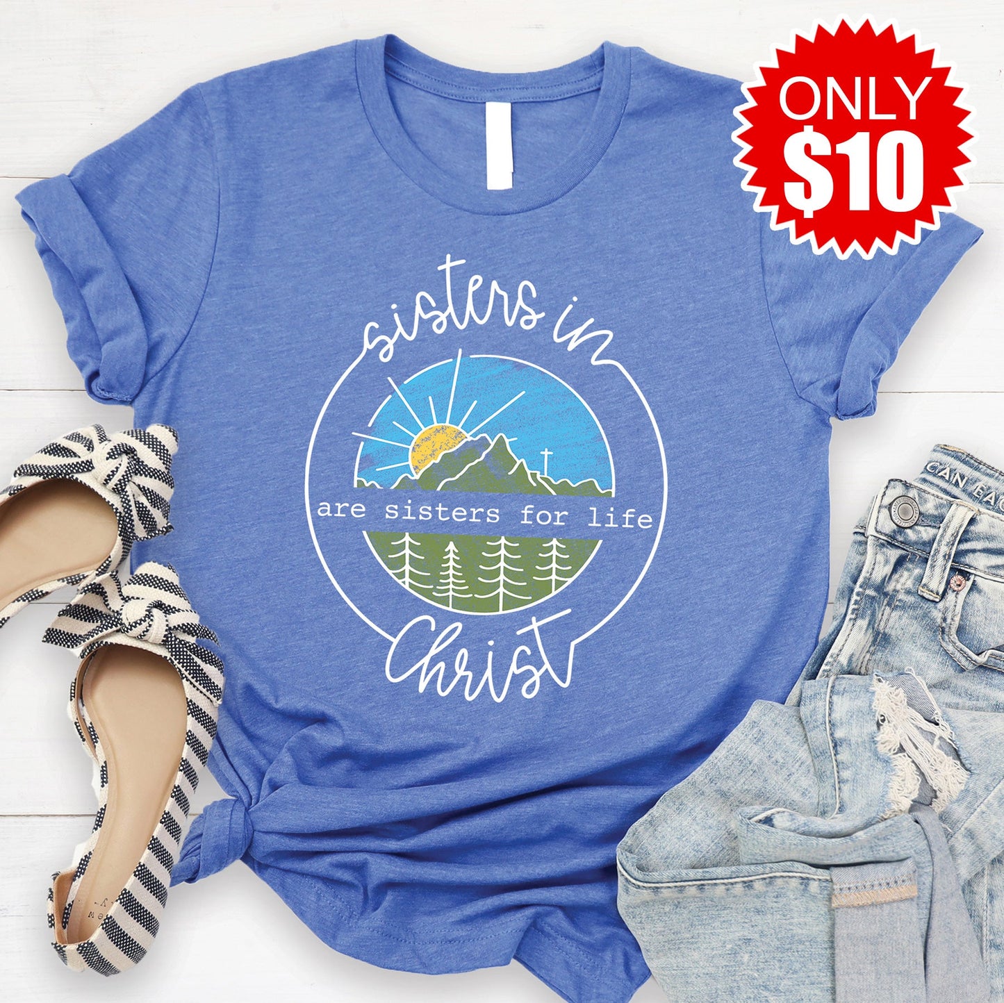 Sisters in Christ Tee - Heather Royal Blue