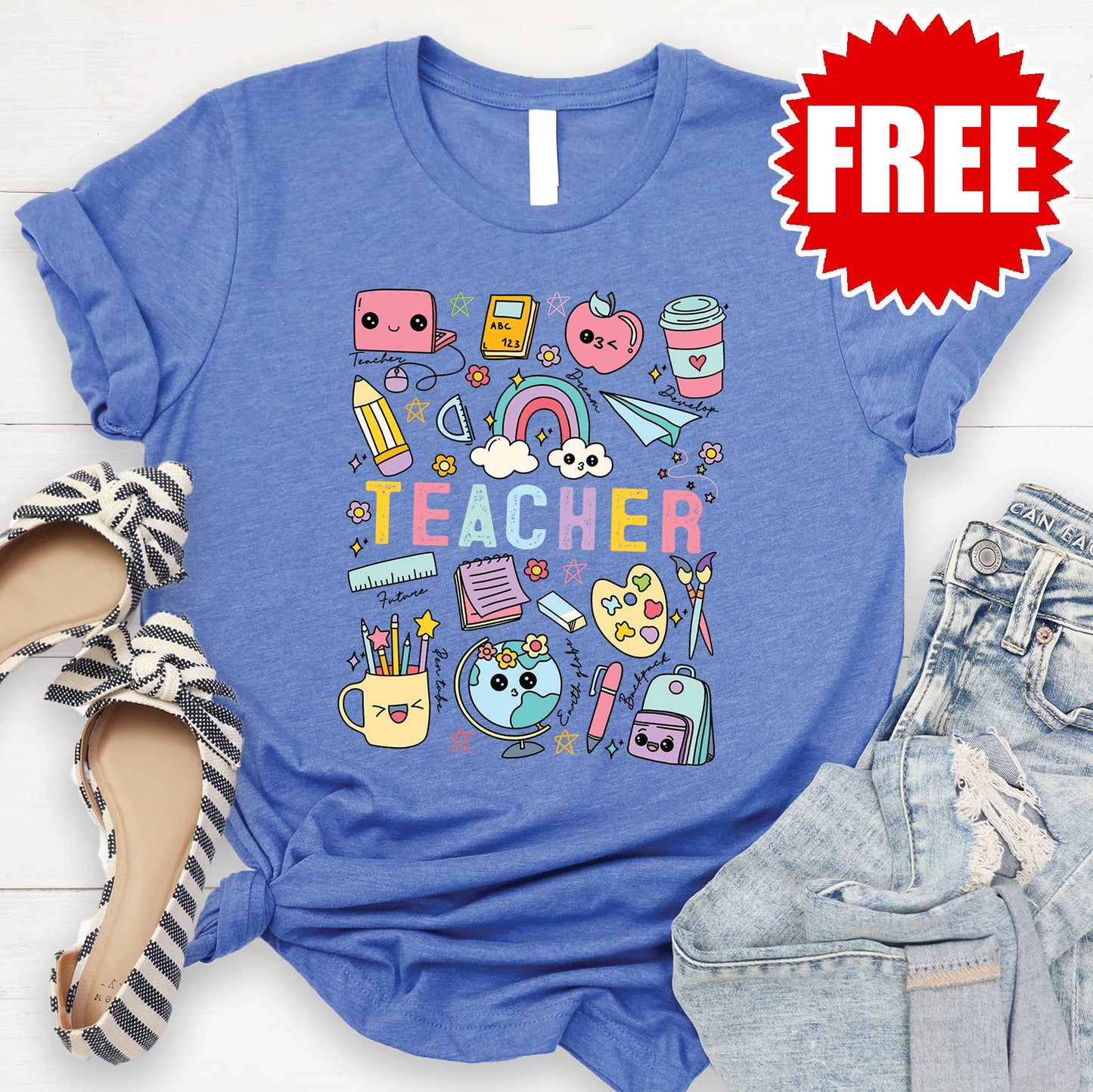 Teacher Rainbow Tee - Heather Royal Blue - FREE