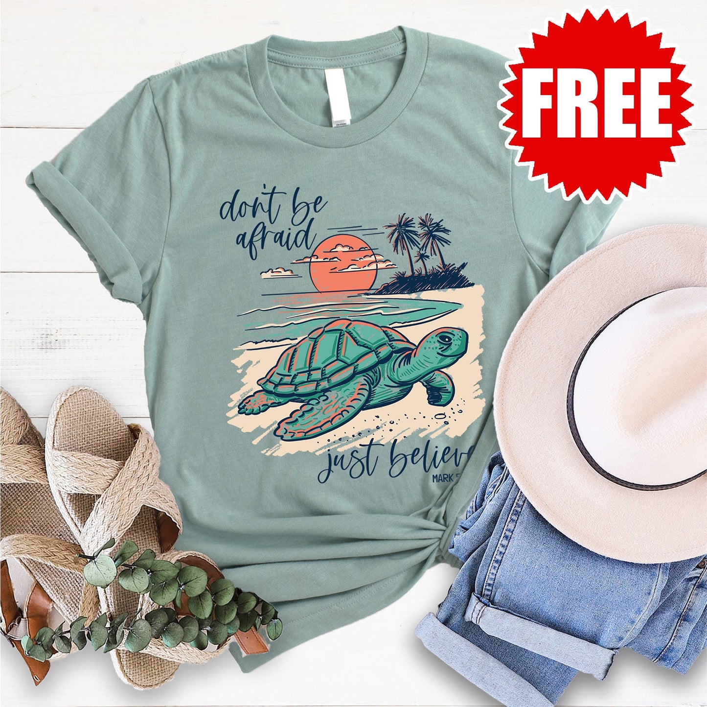 Believe Turtle Tee - Heather Sage - 0