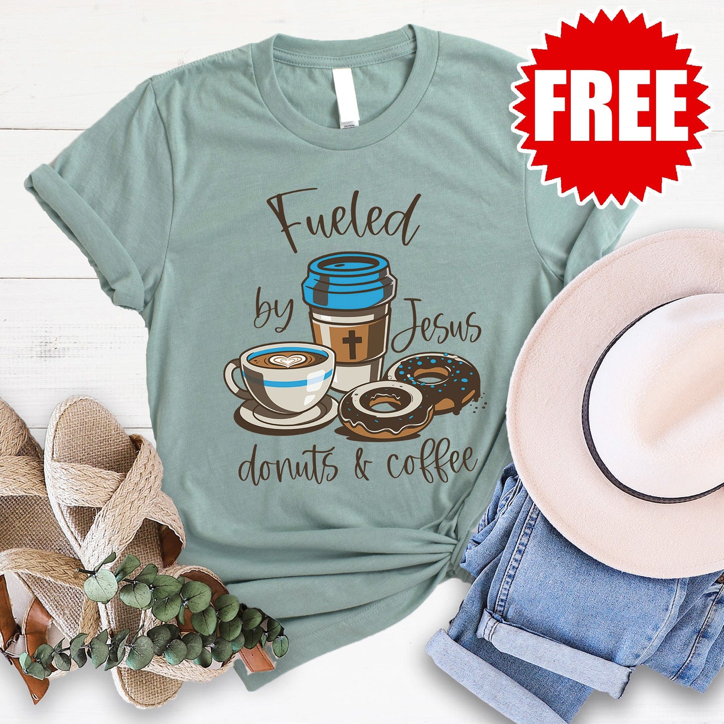 Jesus Donuts and Coffee Tee - Heather Sage - 0