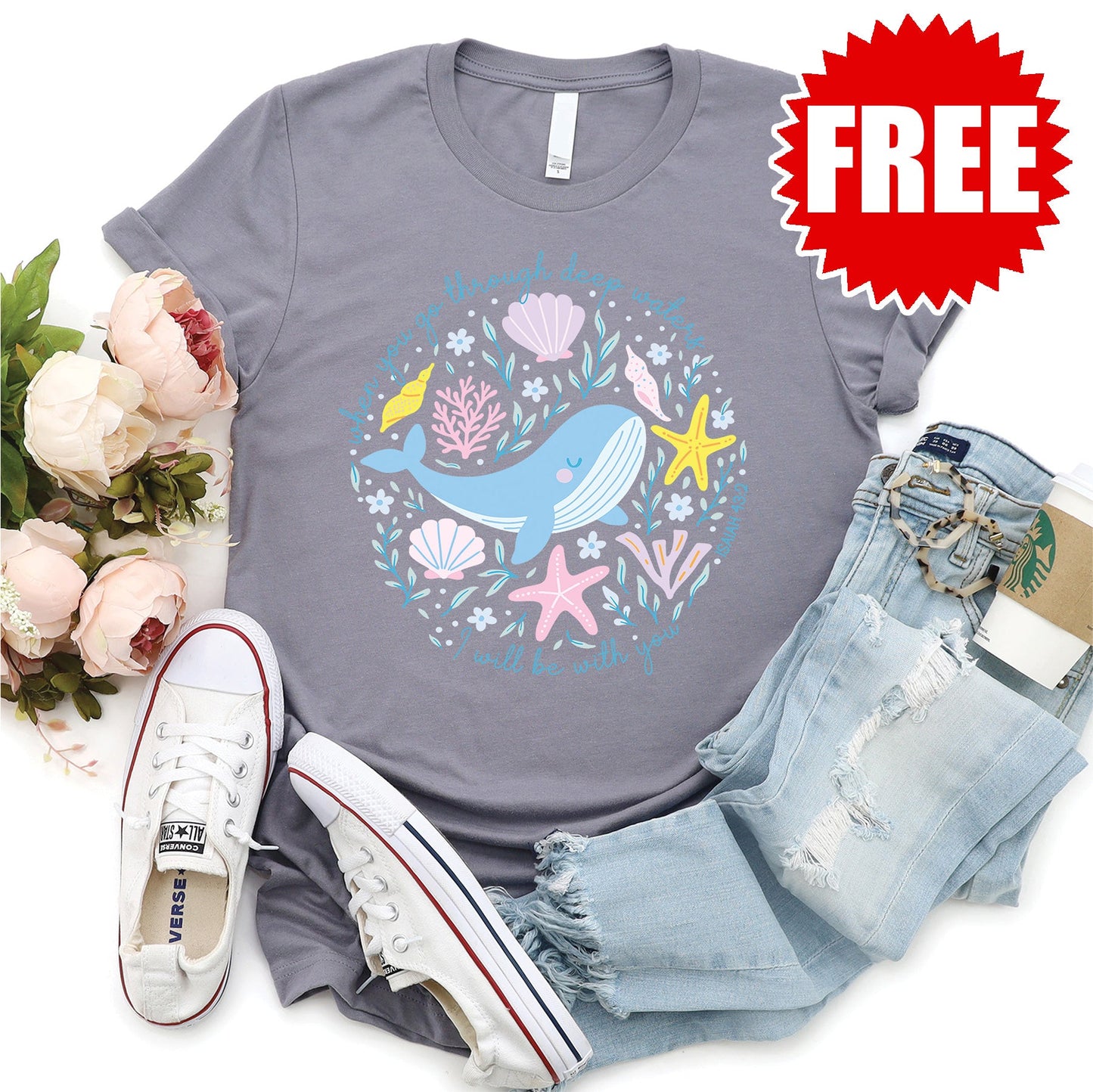 Deep Waters Whale Tee - Heather Sea Breeze - 0