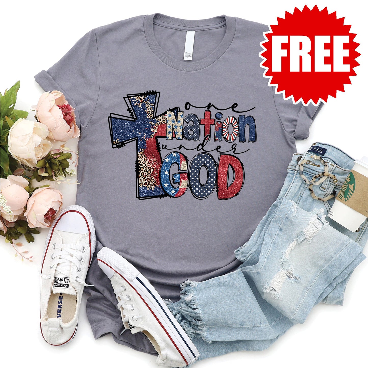 One Nation Cross Tee - Heather Storm - 0