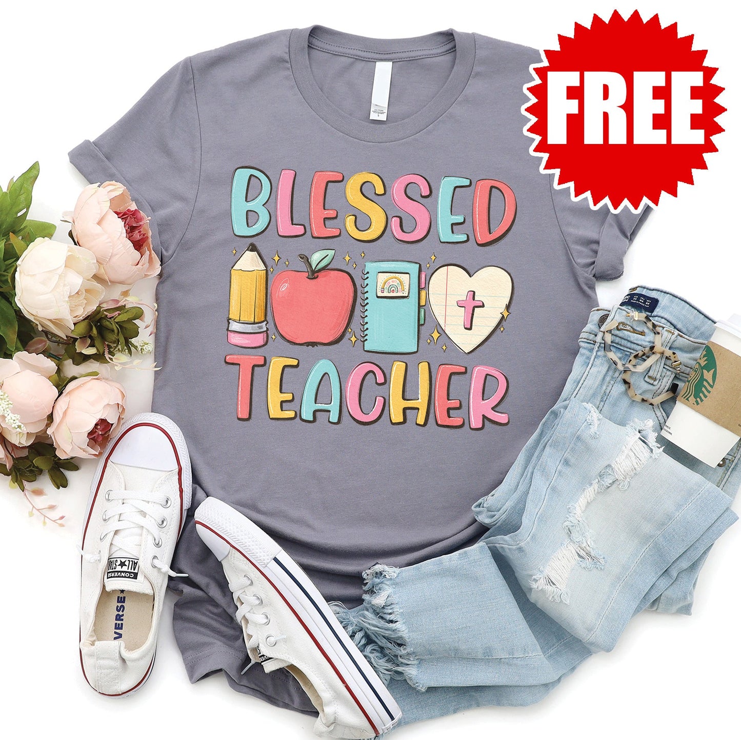 Blessed Teacher Tee - Heather Storm - 0