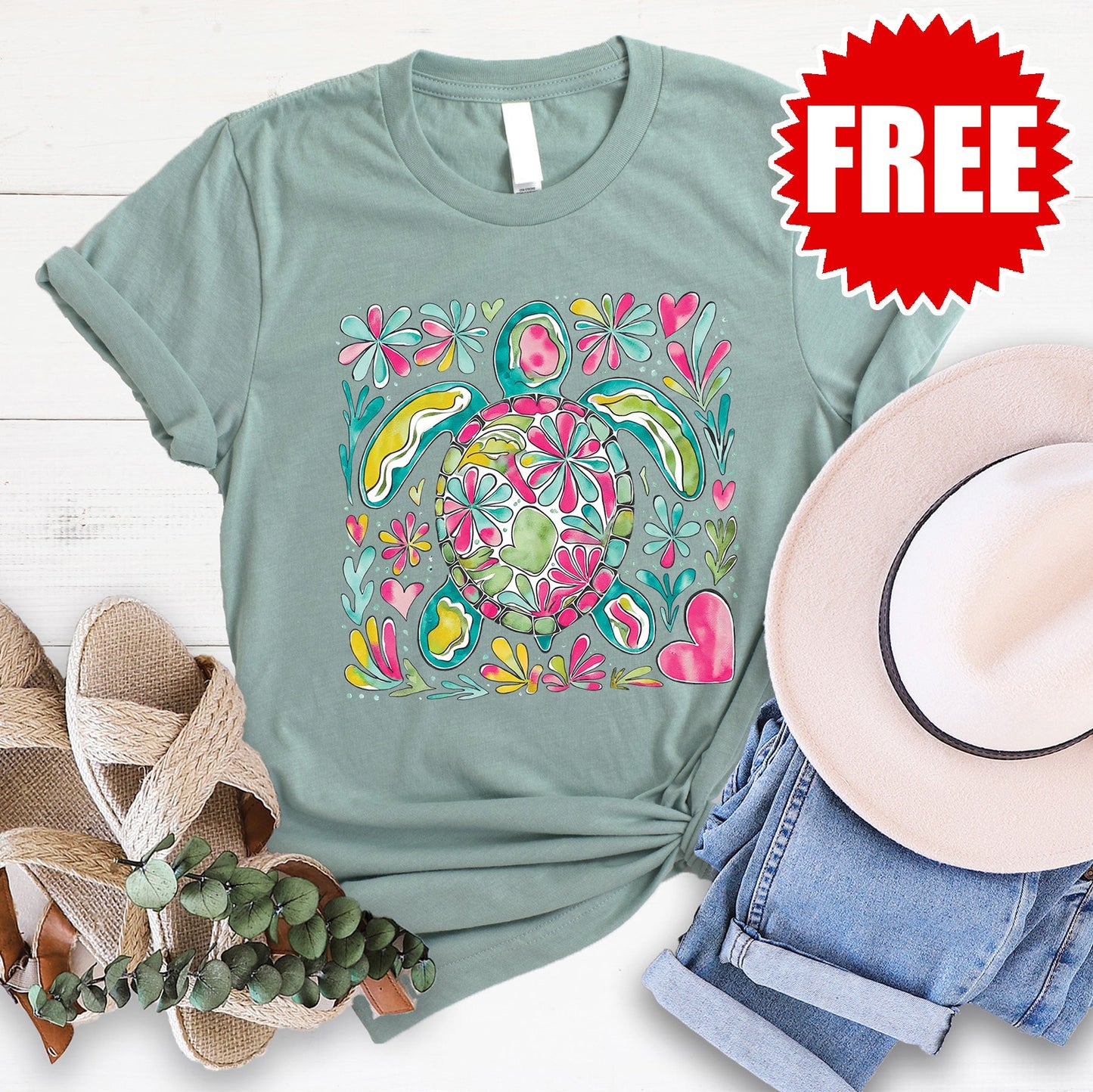 Turtle Floral Tee - Heather Honeydew Mist - 0