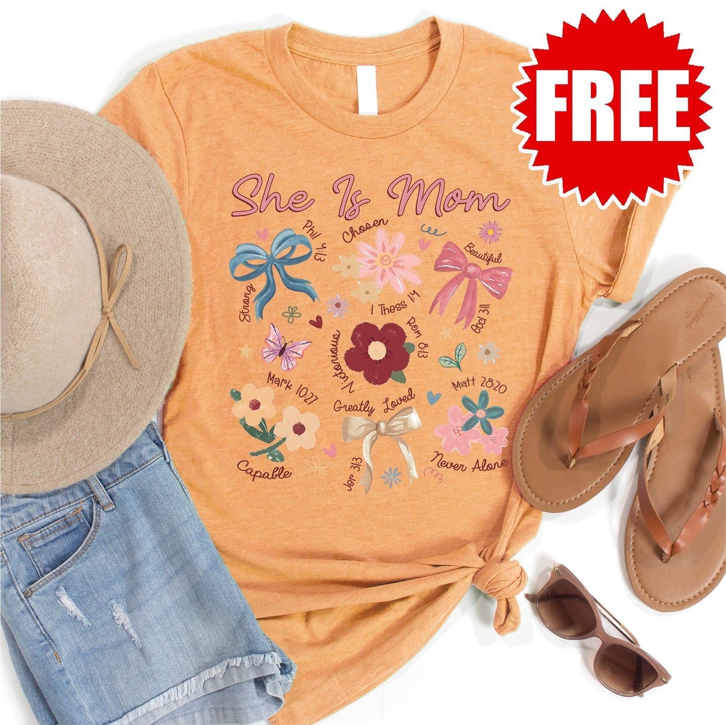 She is Mom Doodles Tee - Heather Apricot - FREE