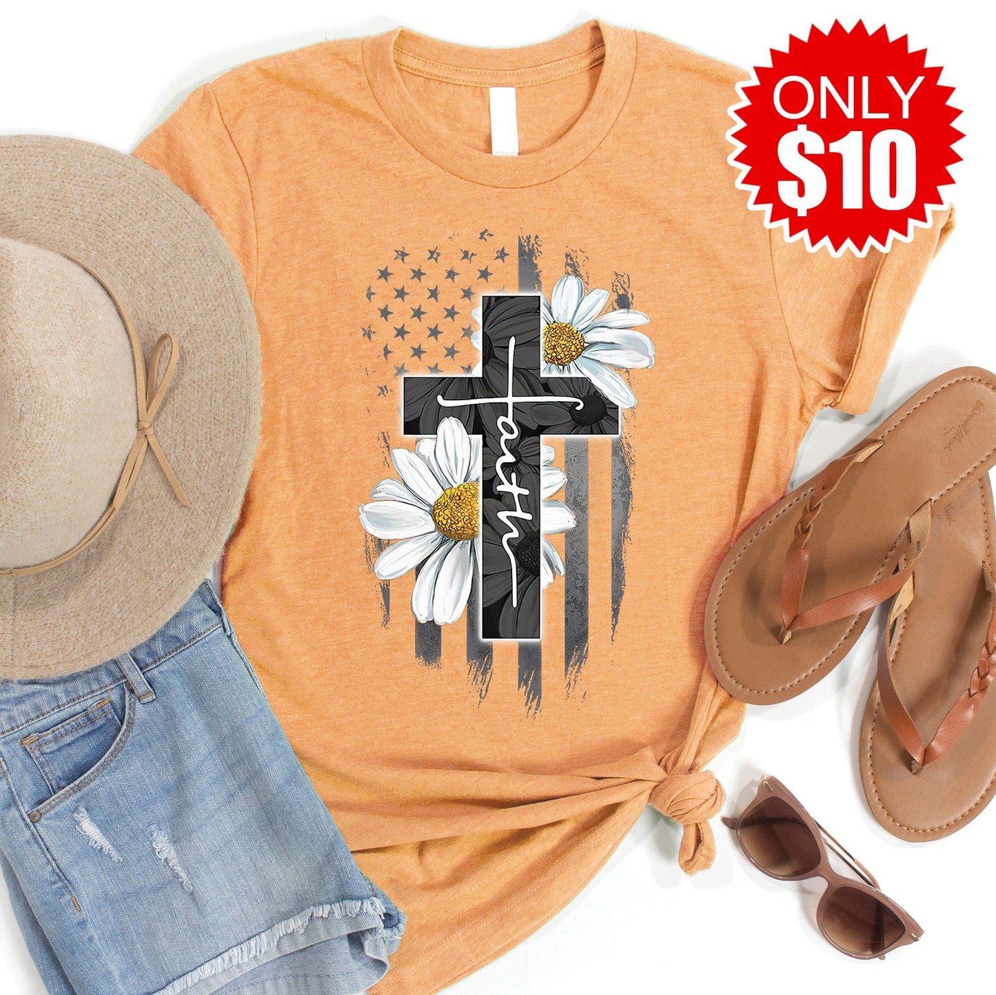 Faith Flag Daisy Tee - Heather Apricot