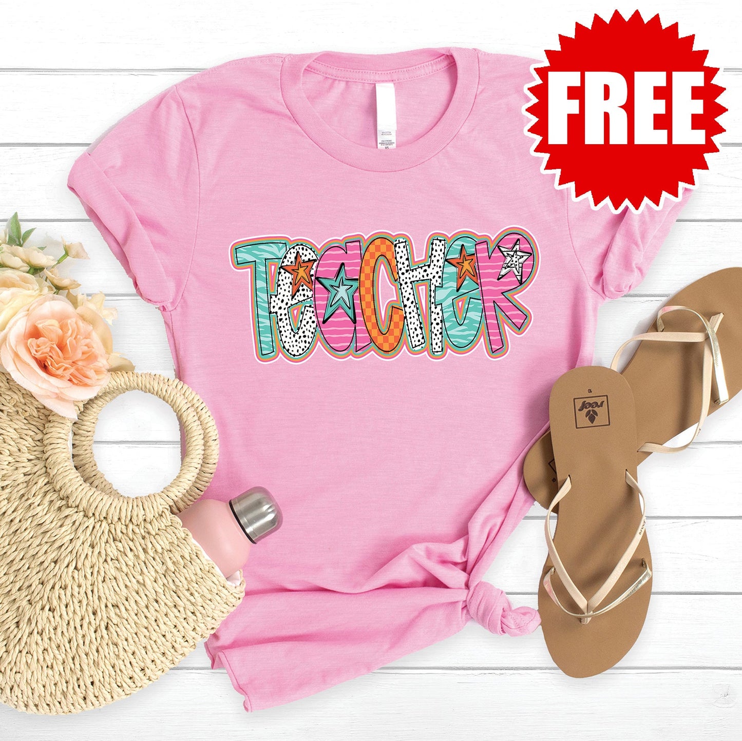 Teacher Stars Tee - Heather Bubble Gum - FREE